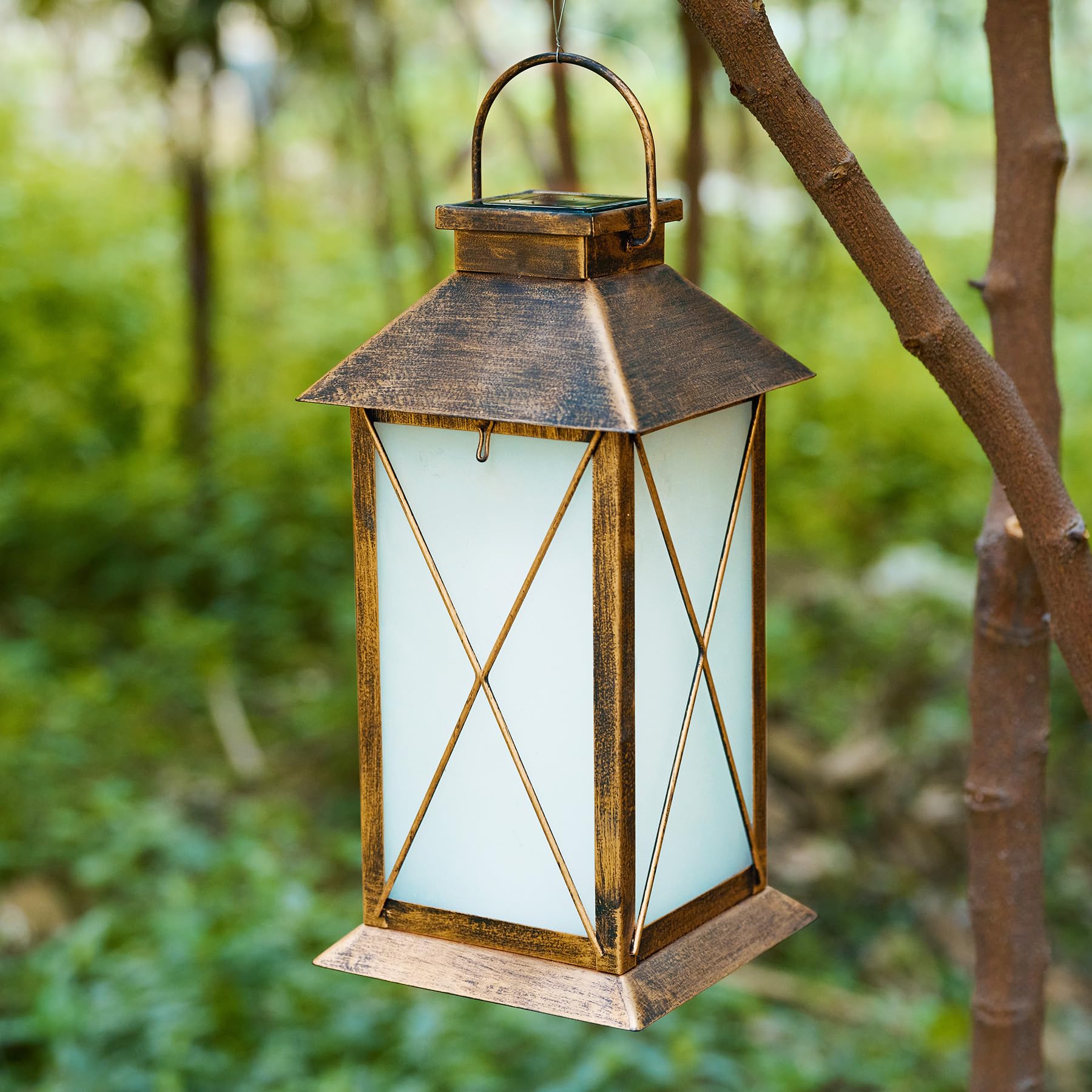 2 Pack Solar Lantern with Flickering Flame Candle, 13 Outdoor Waterproof Solar Lanterns Garden Decorative, Glass Hanging Lantern