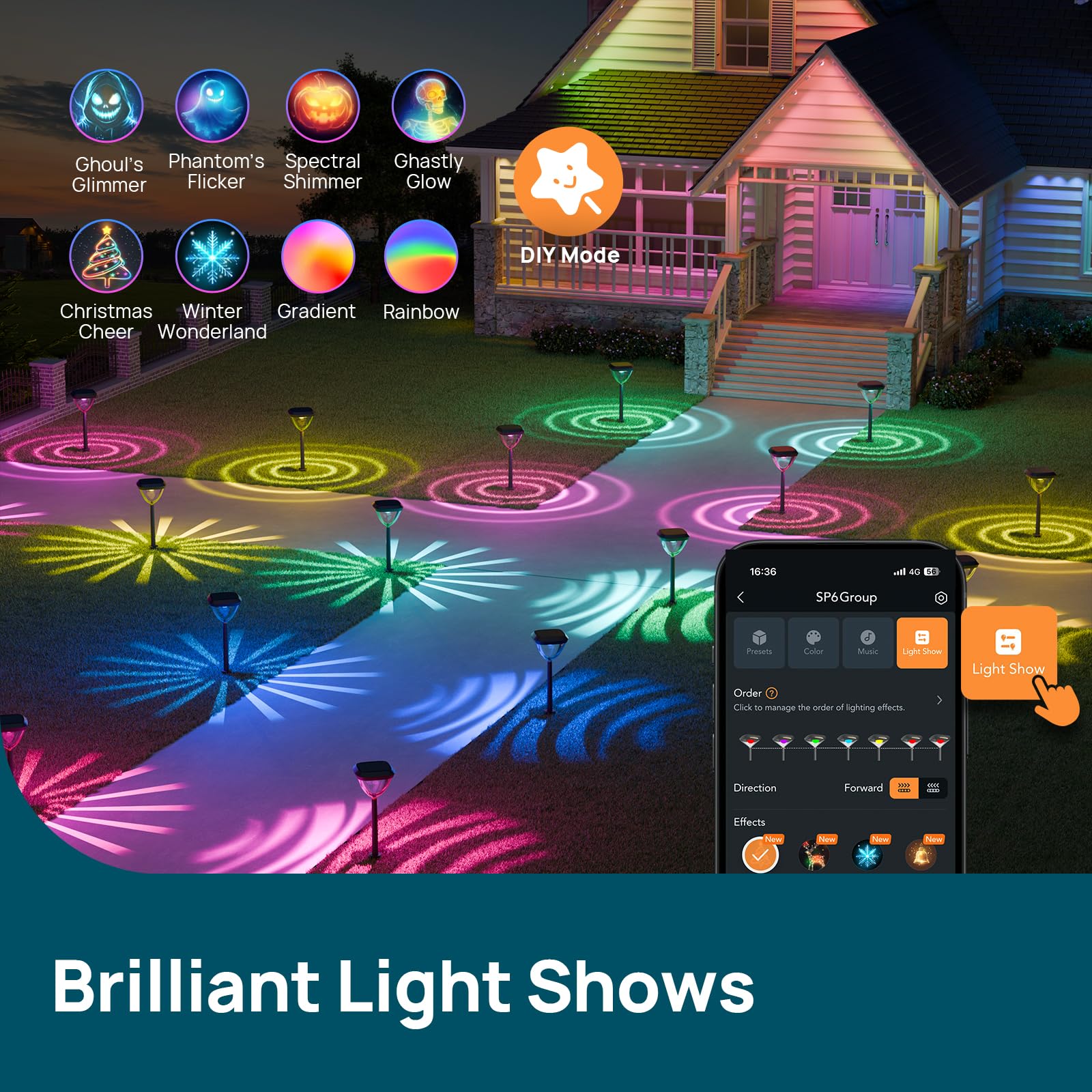 Linkind Smart Solar Pathway Lights SP6 - 4 Pack, Color-Changing, USB & Solar Charging, High-Impact ABS Plastic, Multicolor Lighting