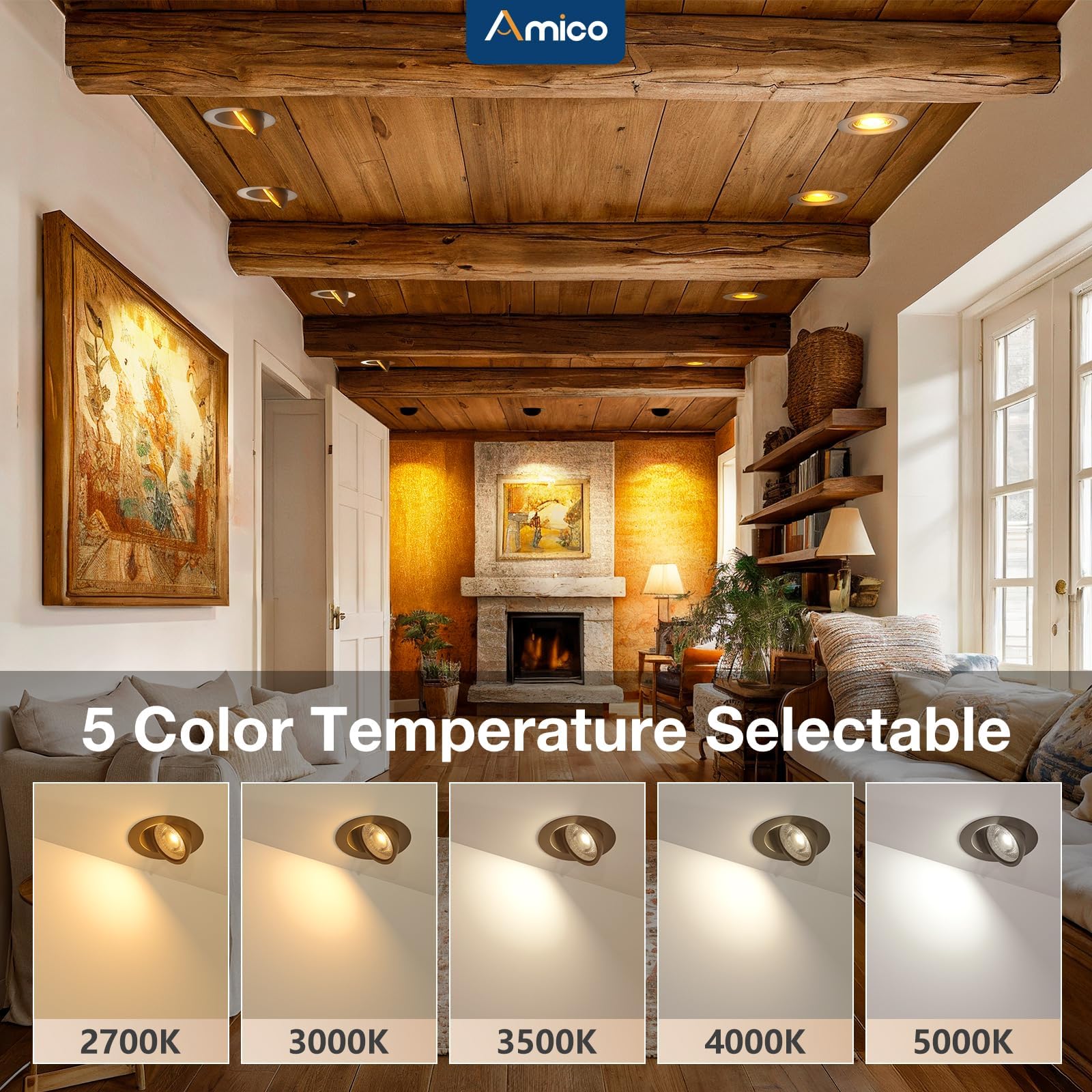 Amico 6 Pack 4 Inch 5Cct Gimbal Led Recessed Lighting  360&90Adjustable Eyeball Directional Downlight  Dimmable  2700K/3000K/3500K/4000K/5000K Selectable  9W 700Lm Cri90+  Black  Etl&Fcc