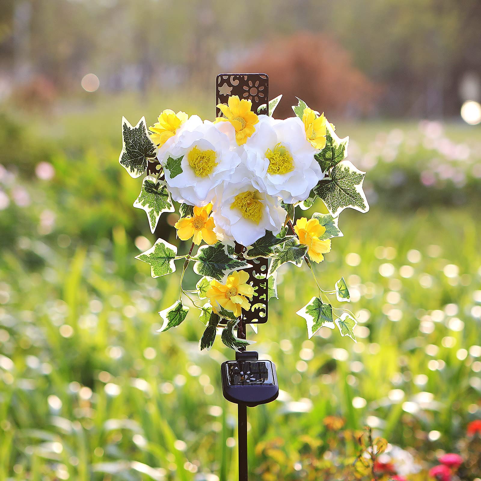 Starryfill Solar Cross Stake Lights With 3 Flowers - Decorative Led For Outdoor Remembrance