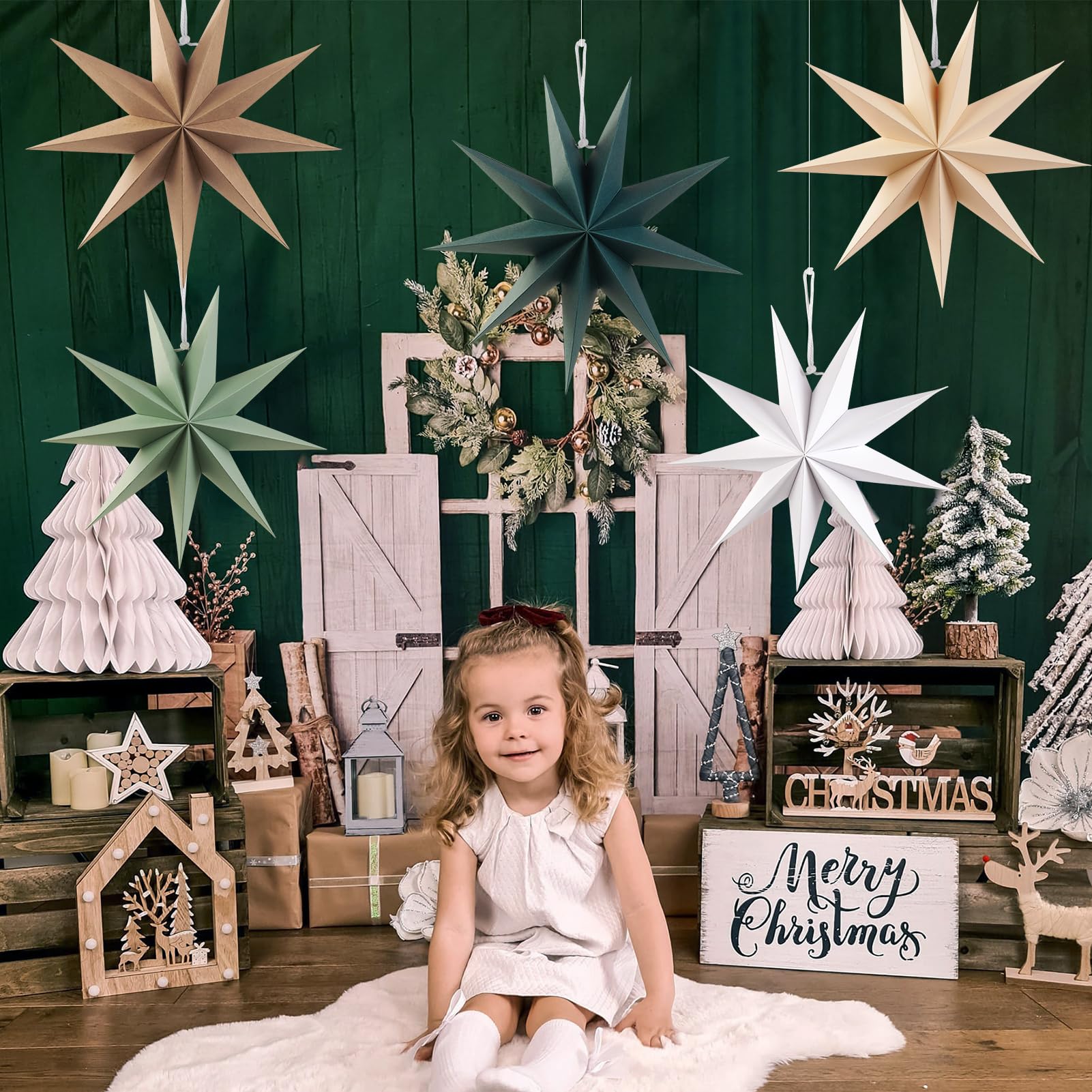 SUNBEAUTY 12 Inch Sage Green Paper Star Lantern - 9-Pointed Hanging Lamp for Weddings, Birthdays, and Christmas Decorations