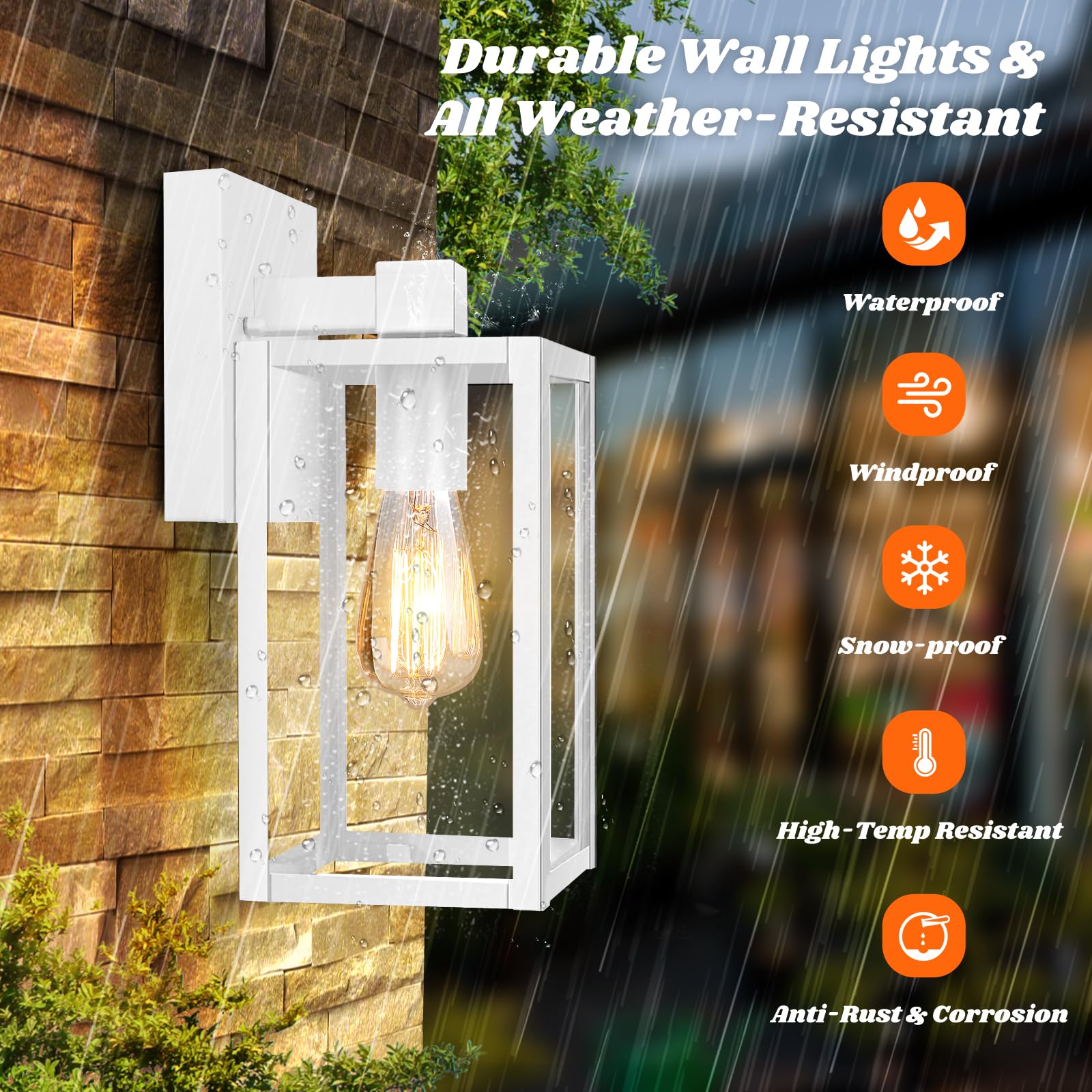 Brightever 2-Pack Outdoor Wall Sconces, Waterproof Exterior Wall Light Fixtures, White Outside Wall Lanterns With Clear Glass Fo
