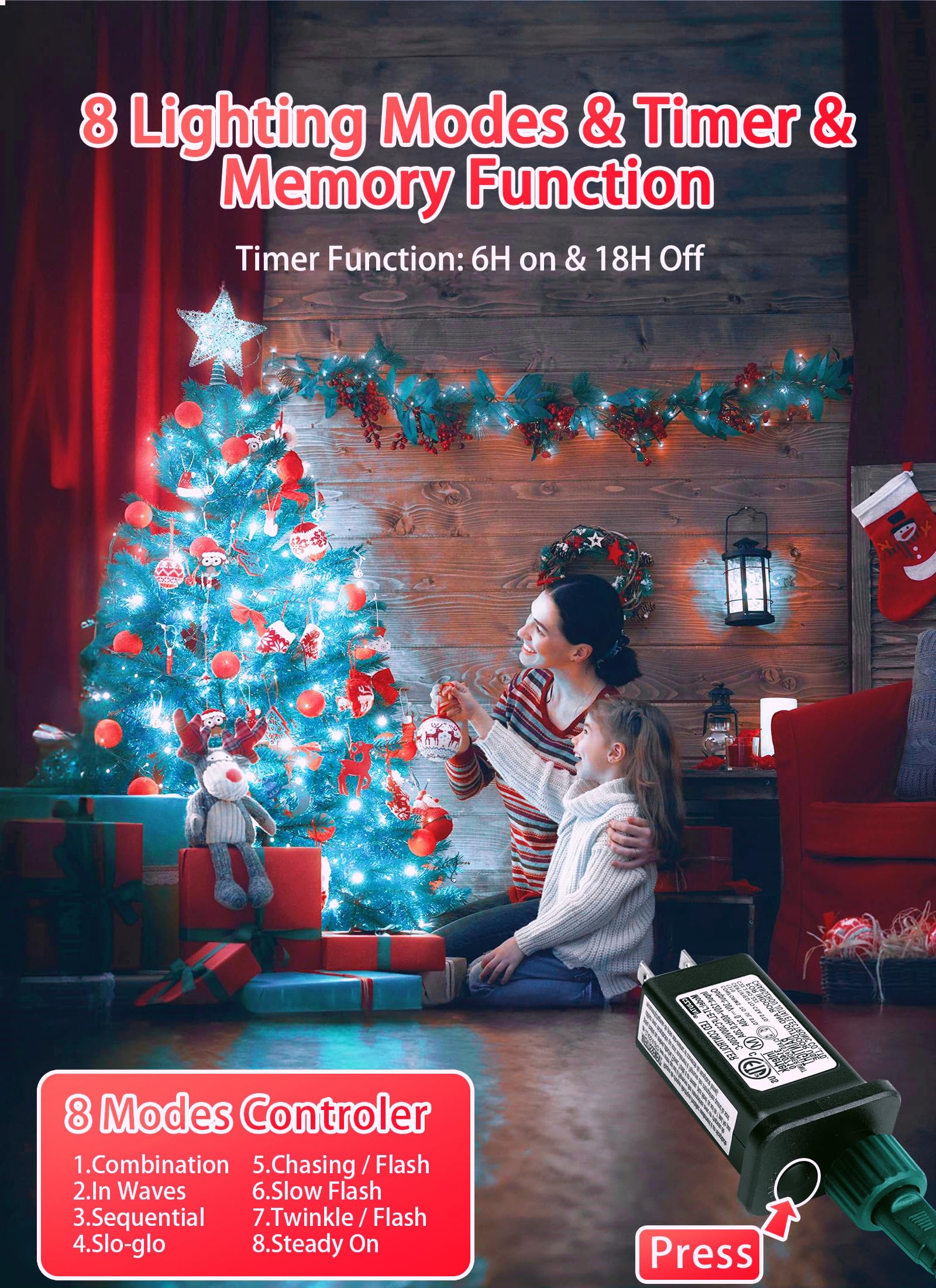 Minetom C9 LED Christmas Lights Outdoor, 81ft, 100 LEDs, Waterproof, Timer, Pure White, Model JT-EL/FC300V0200-C