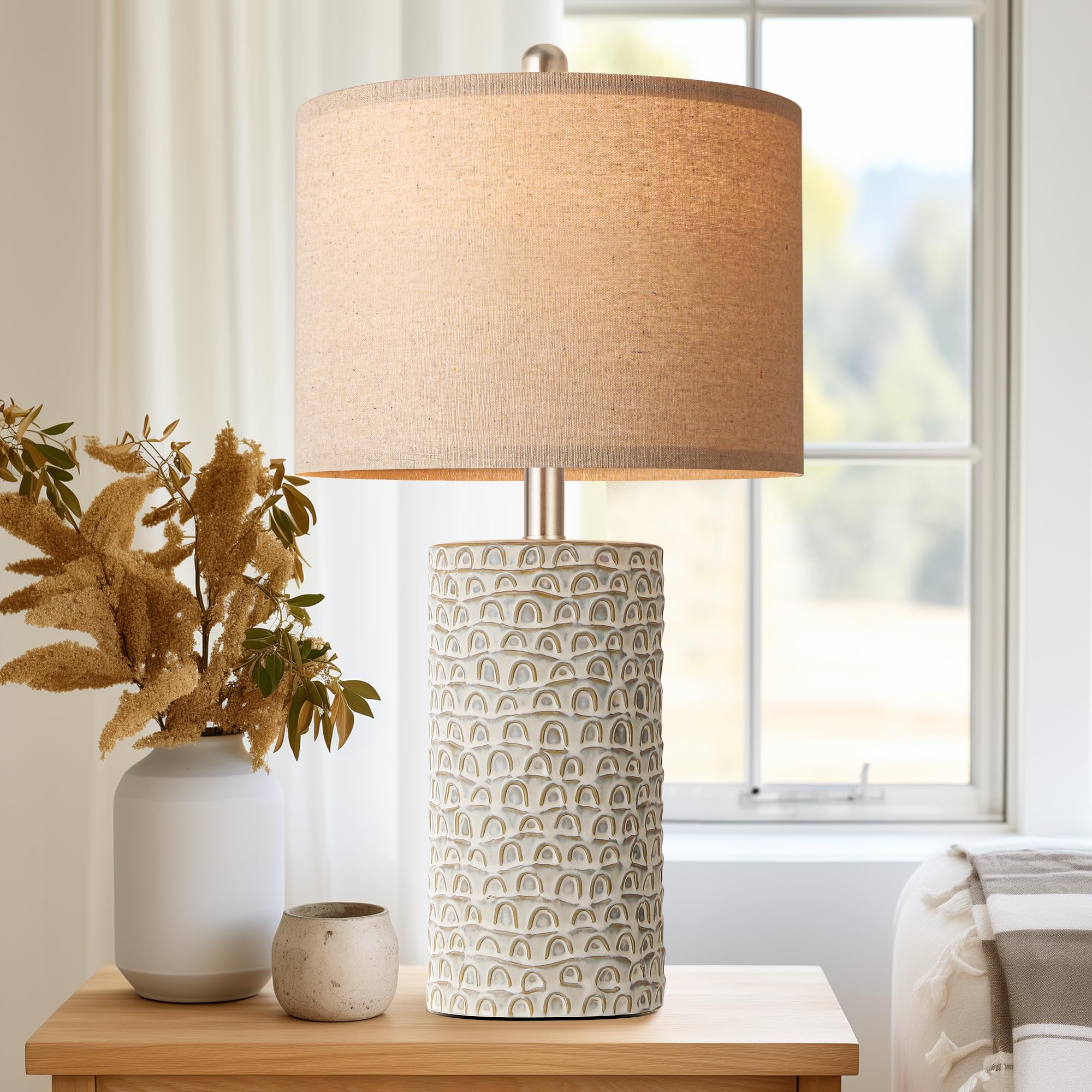 Partphoner Ceramic Table Lamp Set Of 2, 23 Grey & White Rustic Farmhouse Nightstand Lamps, Model Str-Dl-0005