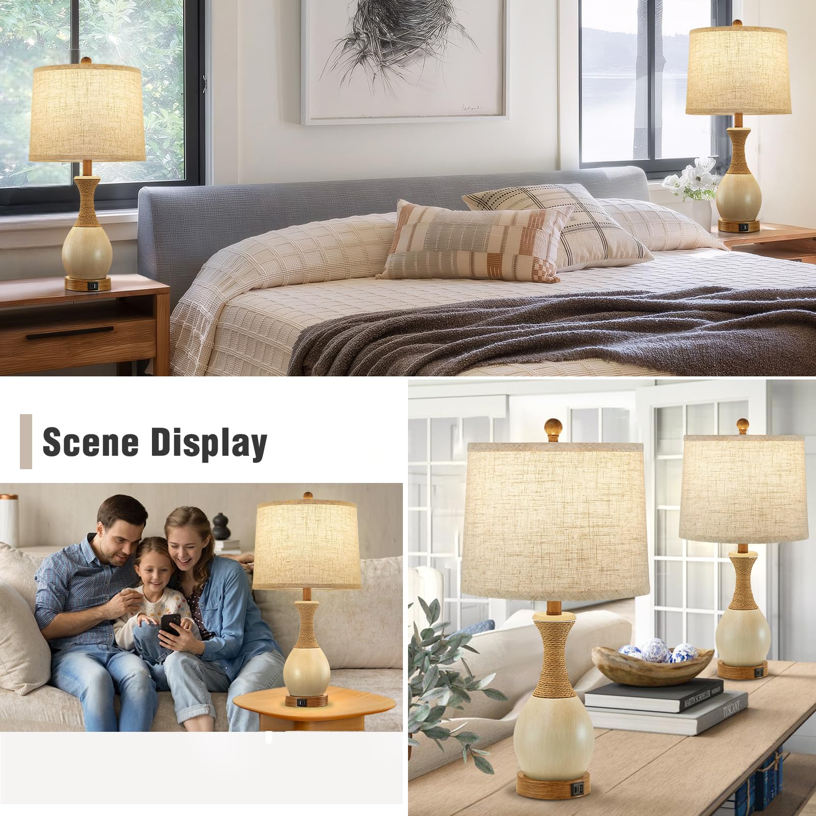 EJIAXIN Table Lamp Set of 2 - Boho Rattan with 3 Color Temperatures, USB Charging Ports, White - Bedroom Nightstand Lighting
