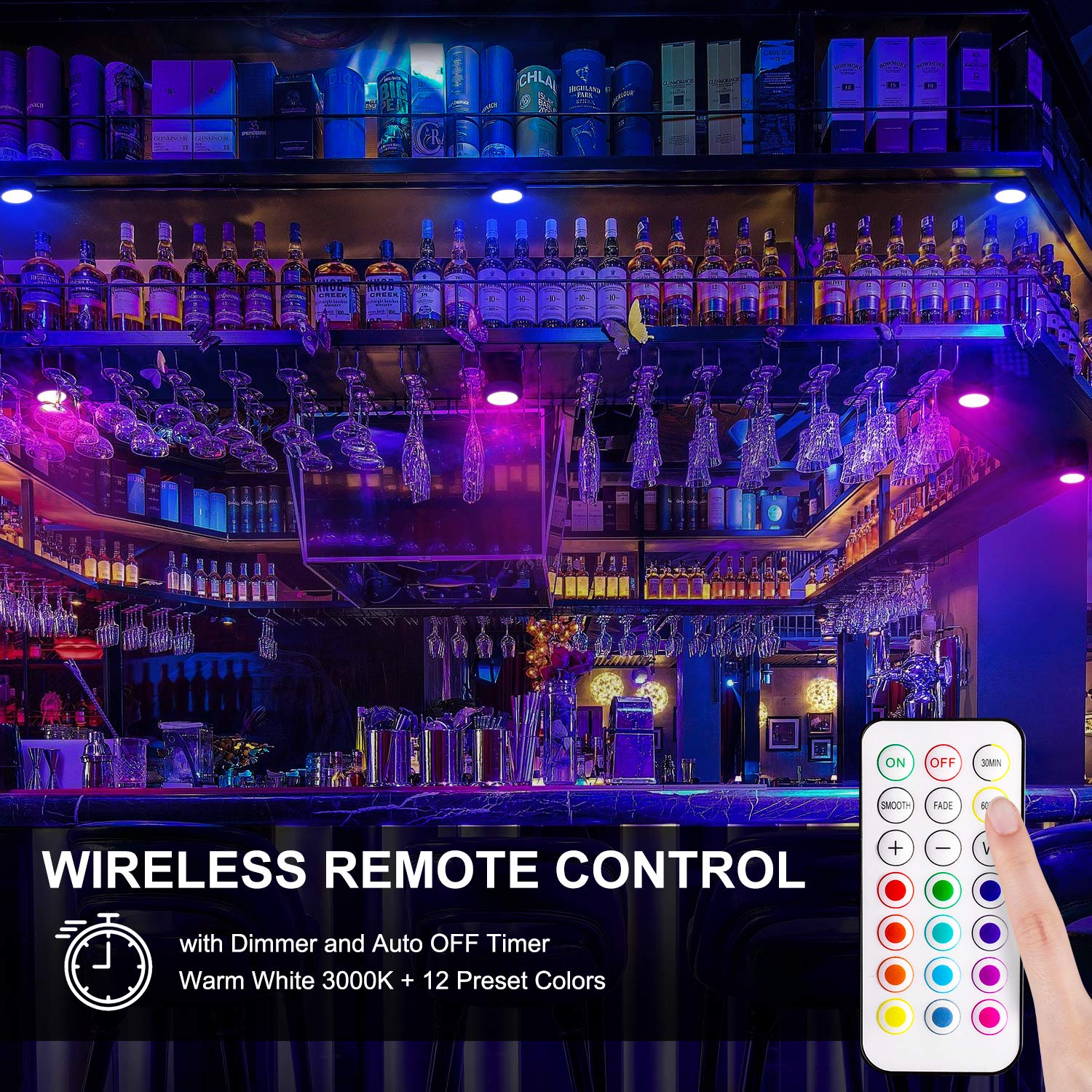 Bls Led Puck Lights With Remote  Rgb 13 Color Changing Under Cabinet Lighting Wireless  Aa Battery Operated  Tap  Touch  Push Stick On Lights For Closet  Kitchen  Night  Dimmer & Timer  Black  2 Pack