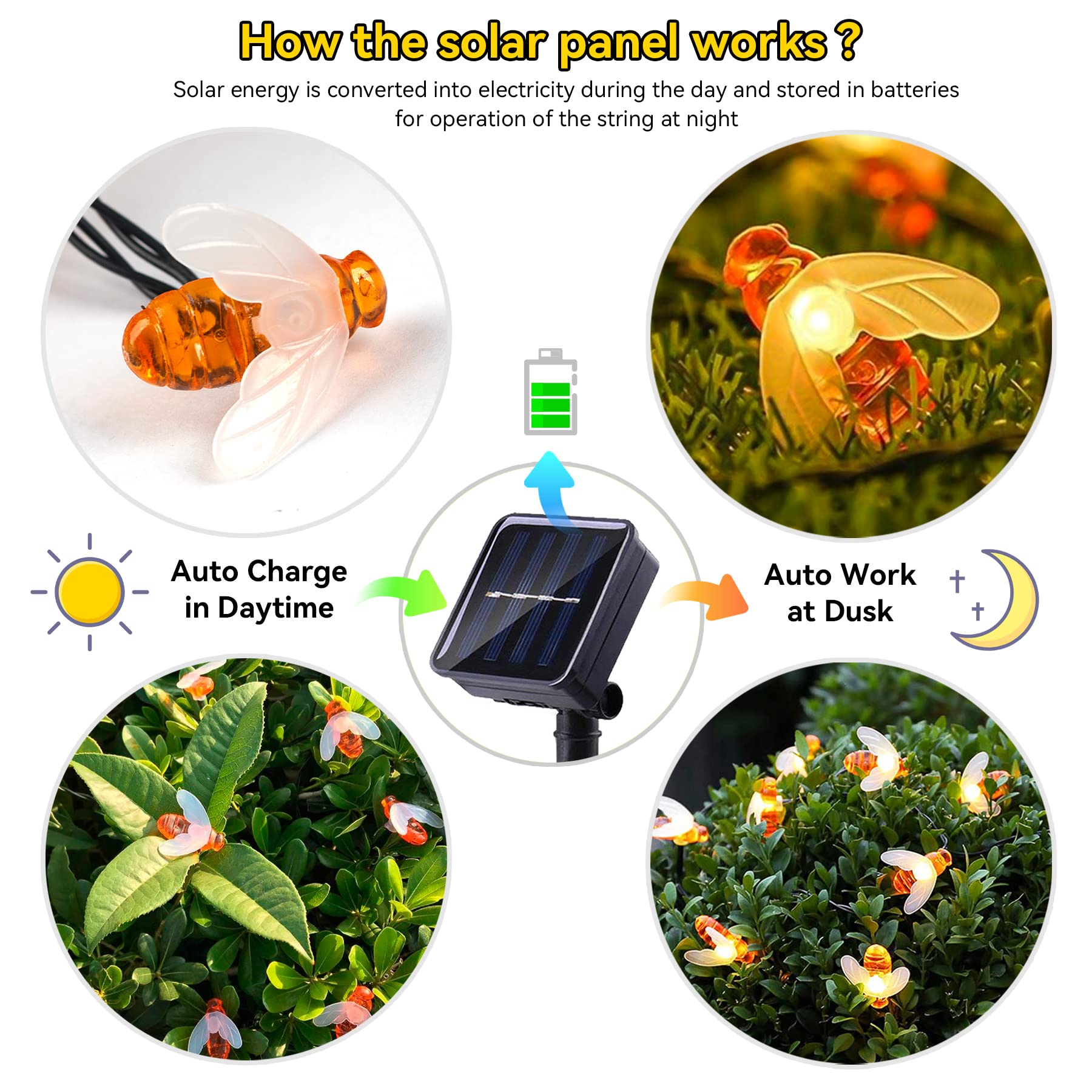 ITICdecor Solar Bee String Lights 50 LEDs, 8 Modes, Waterproof, Orange, 50L Bee Model SL-HBee-50L-US