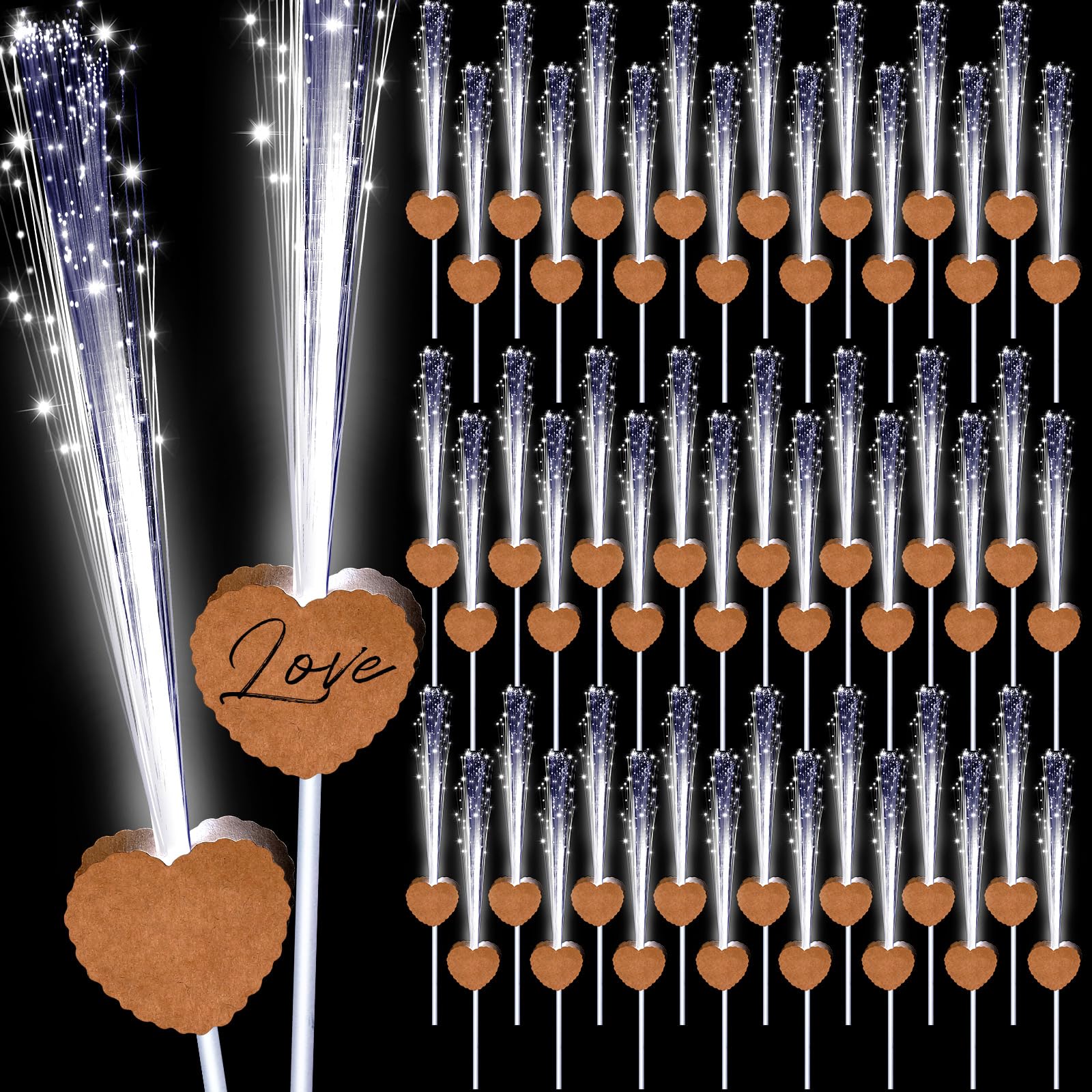 Tujoe 50 Pcs LED Wedding Sparklers Glow Sticks Heart Shape Long Fiber Optic Wands with 3 Light Modes for Send Off Reception Vale