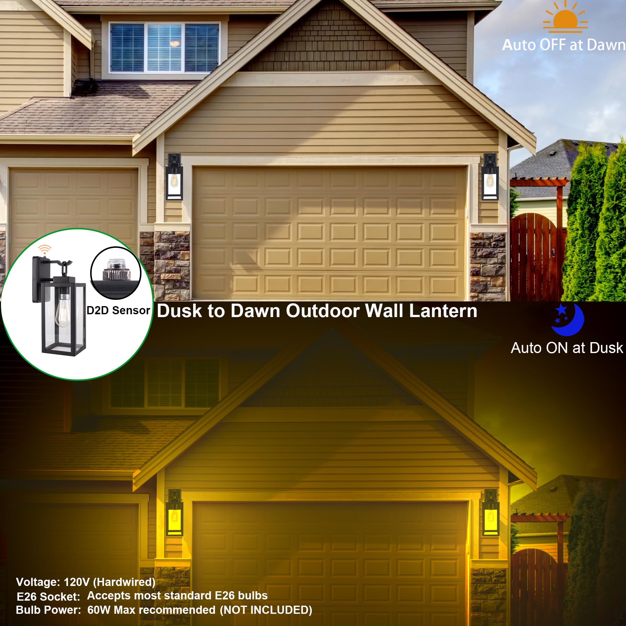 LIT-PaTH Outdoor Wall Lantern, Dusk to Dawn, E26 Max 60W, Anti-Rust Metal, Glass Shade, Black, 1-Pack, Model LT-WL025P