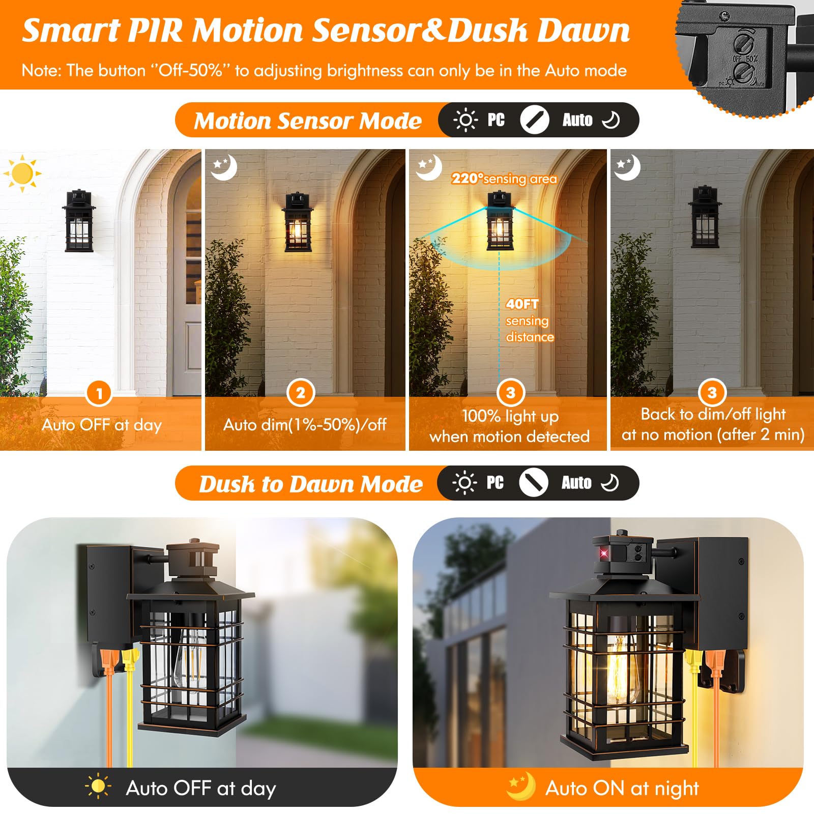 Motion Sensor Dusk Dawn Outdoor Wall Light Fixture With Gfci Outlets, Sensor Porch Light Outdoor Wall Mount Oil Rubbed Bronze, Waterproof Outside Light For House Front Doorway Patio, 3 Lighting Mode