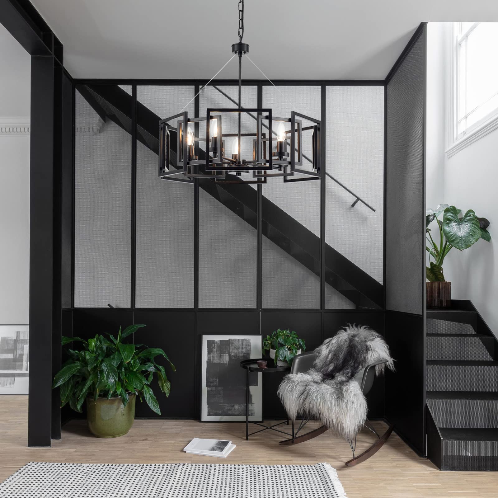 Mhytogn Industrial Style Chandelier, With Matt Black Finish Geometric Shade Pendant Lighting Fixture For Dining Room Living Room Kitchen Island Bedroom 5-Light