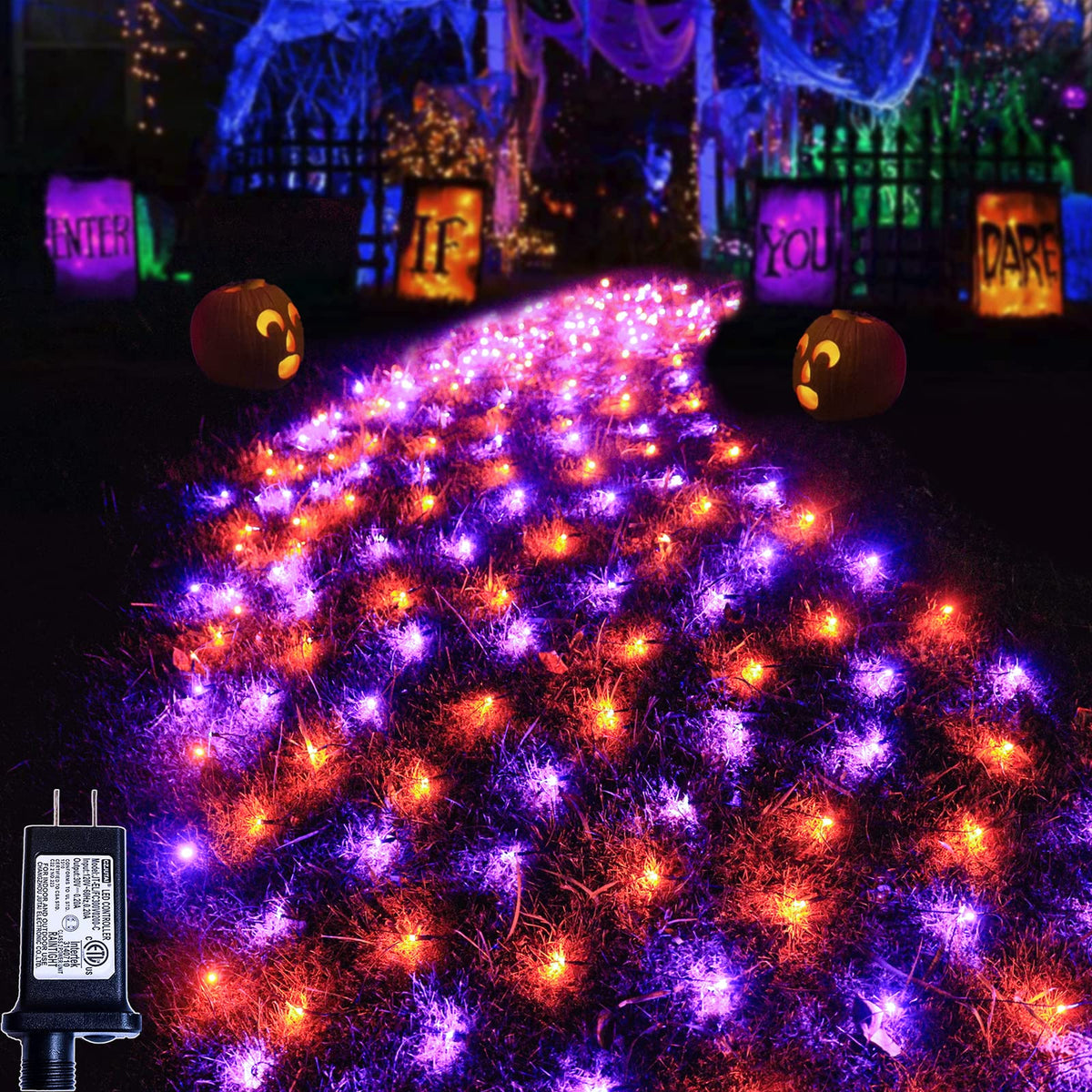 Pooqla 360 Led Halloween Net Lights Outdoor, 21 Ft X 5 Ft Connectable Mesh String Lights 8 Modes Waterproof Plug In For Hallowee