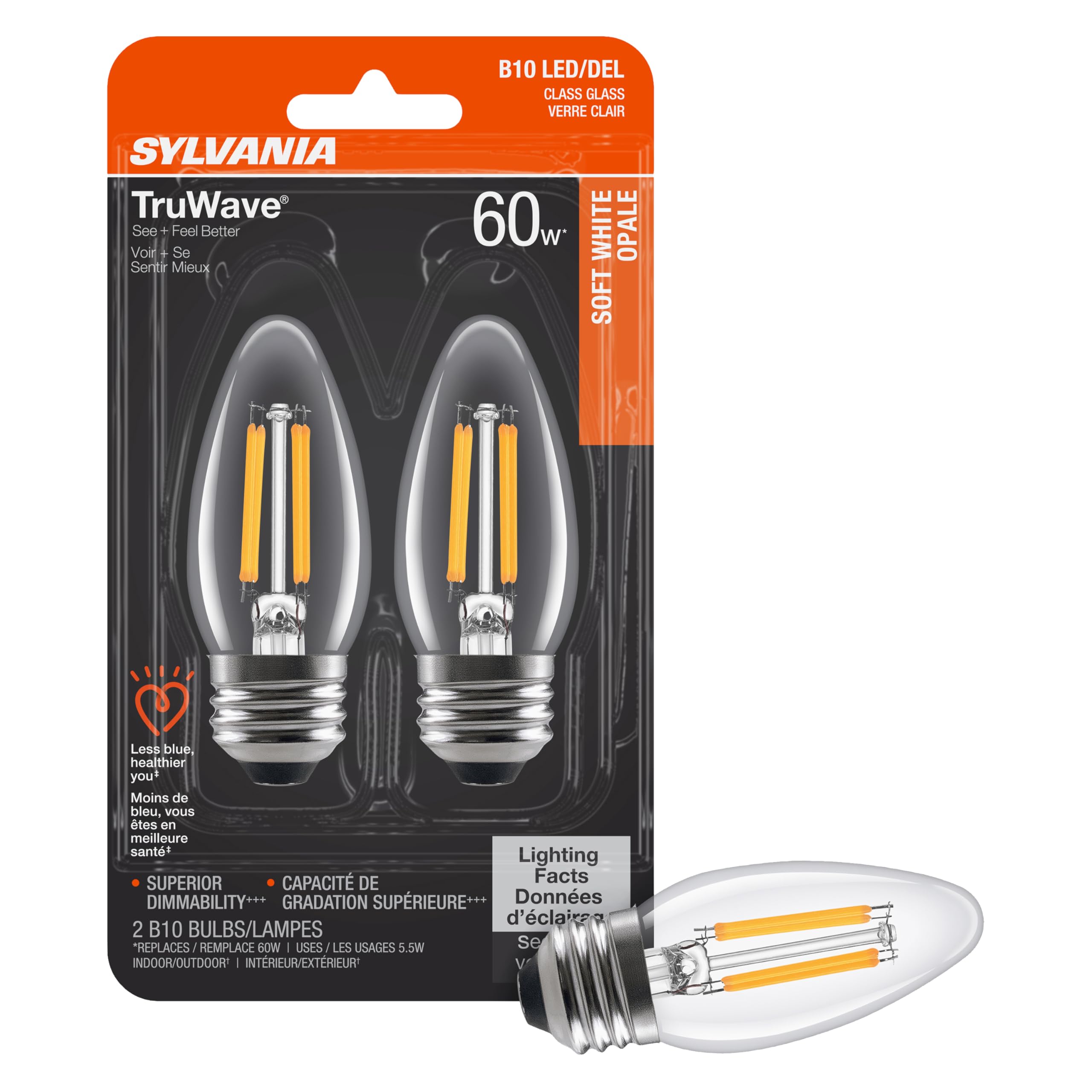 Sylvania Led Truwave Natural Series Candelabra Light Bulb, 60W Soft White Medium Base, Dimmable, Clear, Blunt Tip - 2 Pack