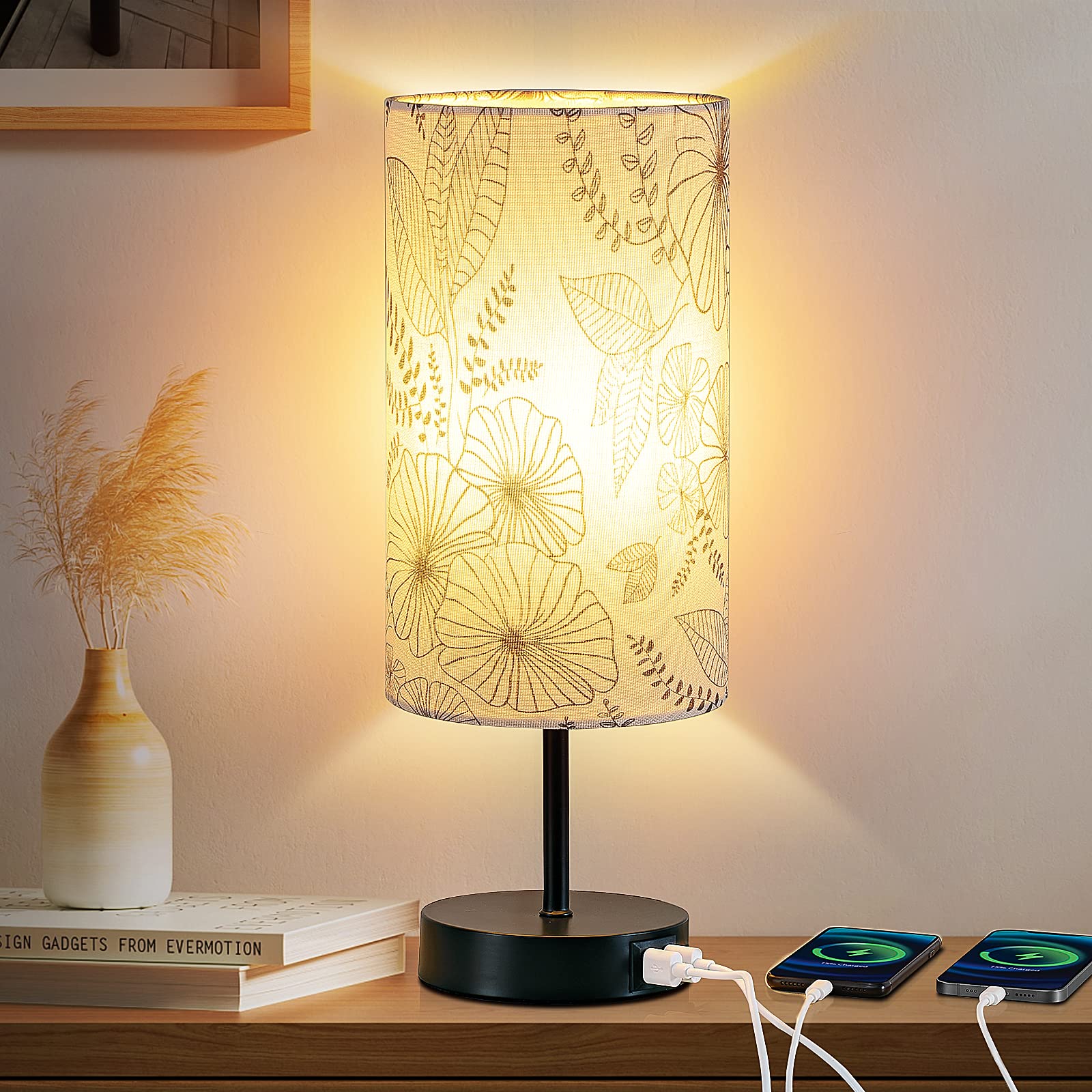 CINSARY Touch Control Bedside Lamp, 3-Way Dimmable, 2 USB Ports, Fabric Shade, White, E26 LED Bulb Included