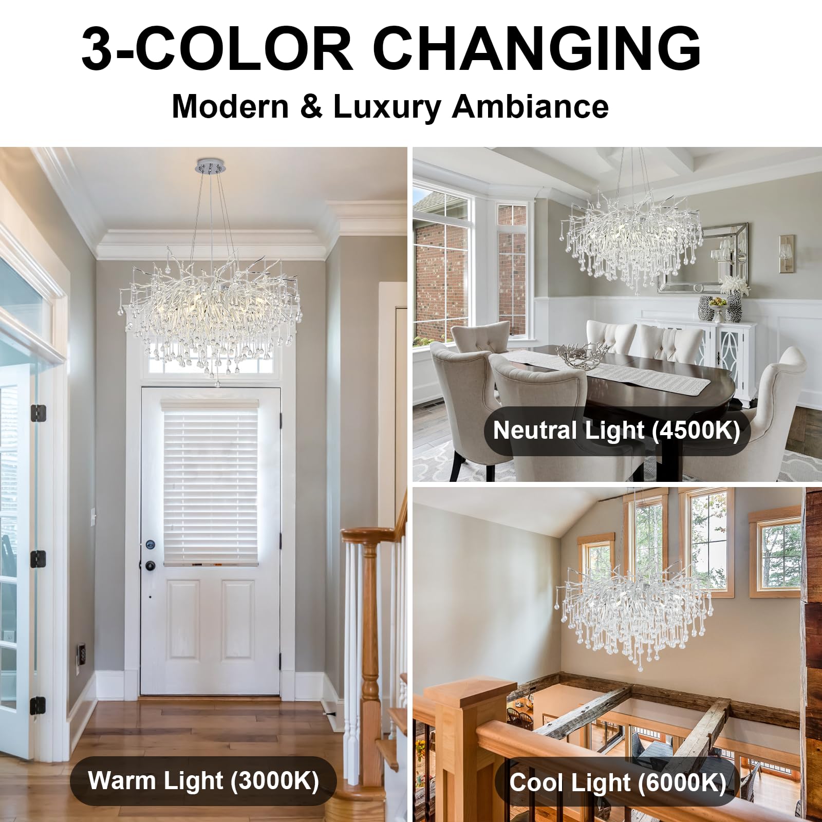 Niuzdu Chandeliers For Dining Room - 23.6'' Modern Silver Crystal Chandelier, Round Tree Branch Raindrop Chandelier, Foyer Chand