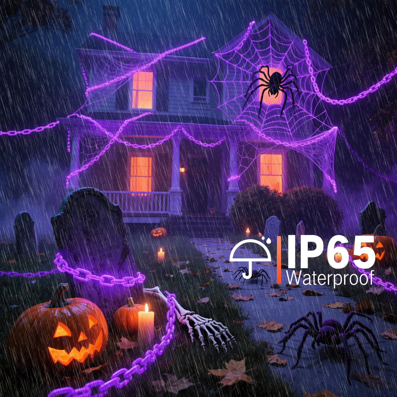 Ohwewant Solar Halloween Decorations Outdoor  10Ft Purple Chain Lights  Waterproof Solar Halloween Lights For Outdoor Haunted House Party Skeleton Dog Cosplay Props Yard