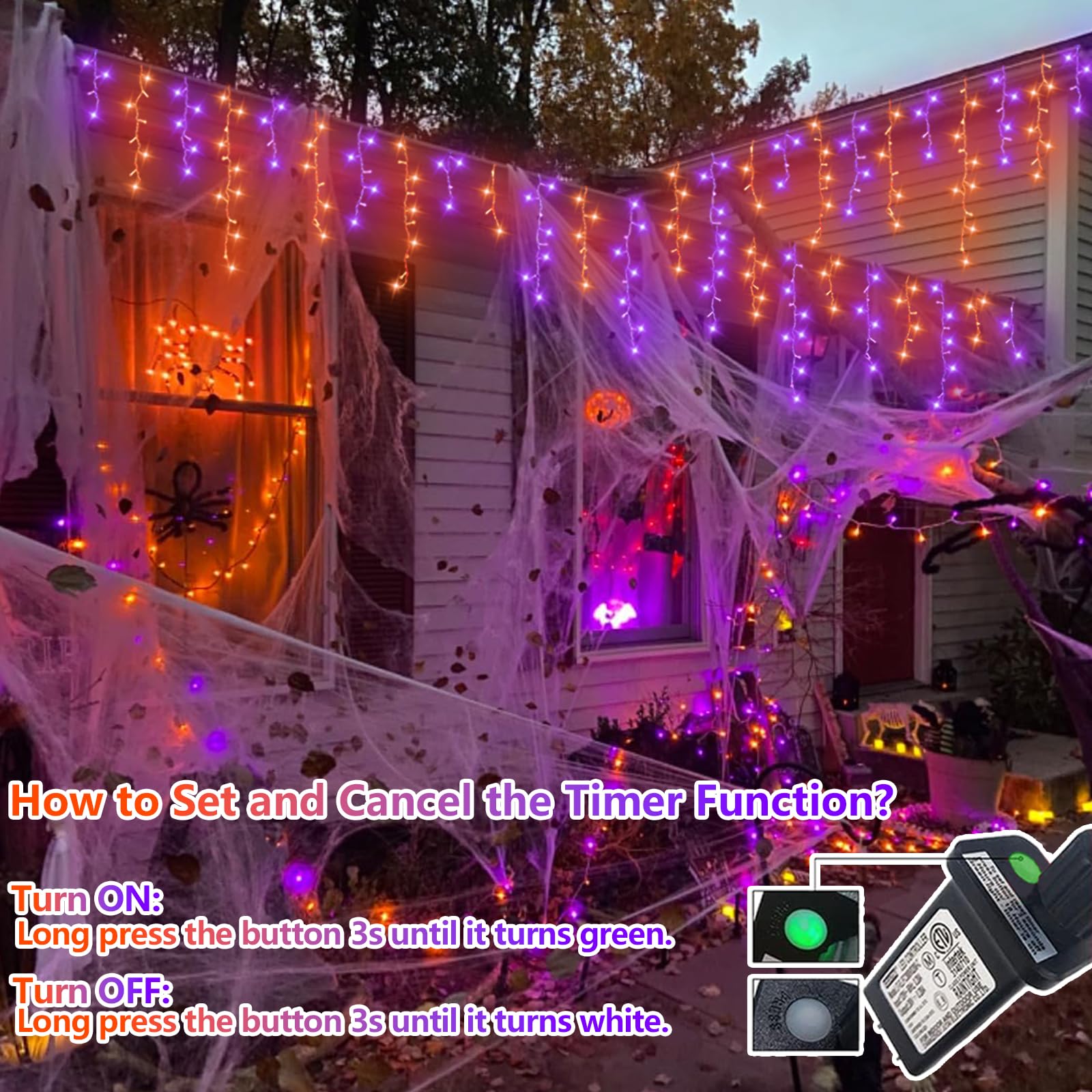 YEGUO Icicle Lights 33ft 400 LED Orange and Purple, Connectable, 8 Modes, PVC Material