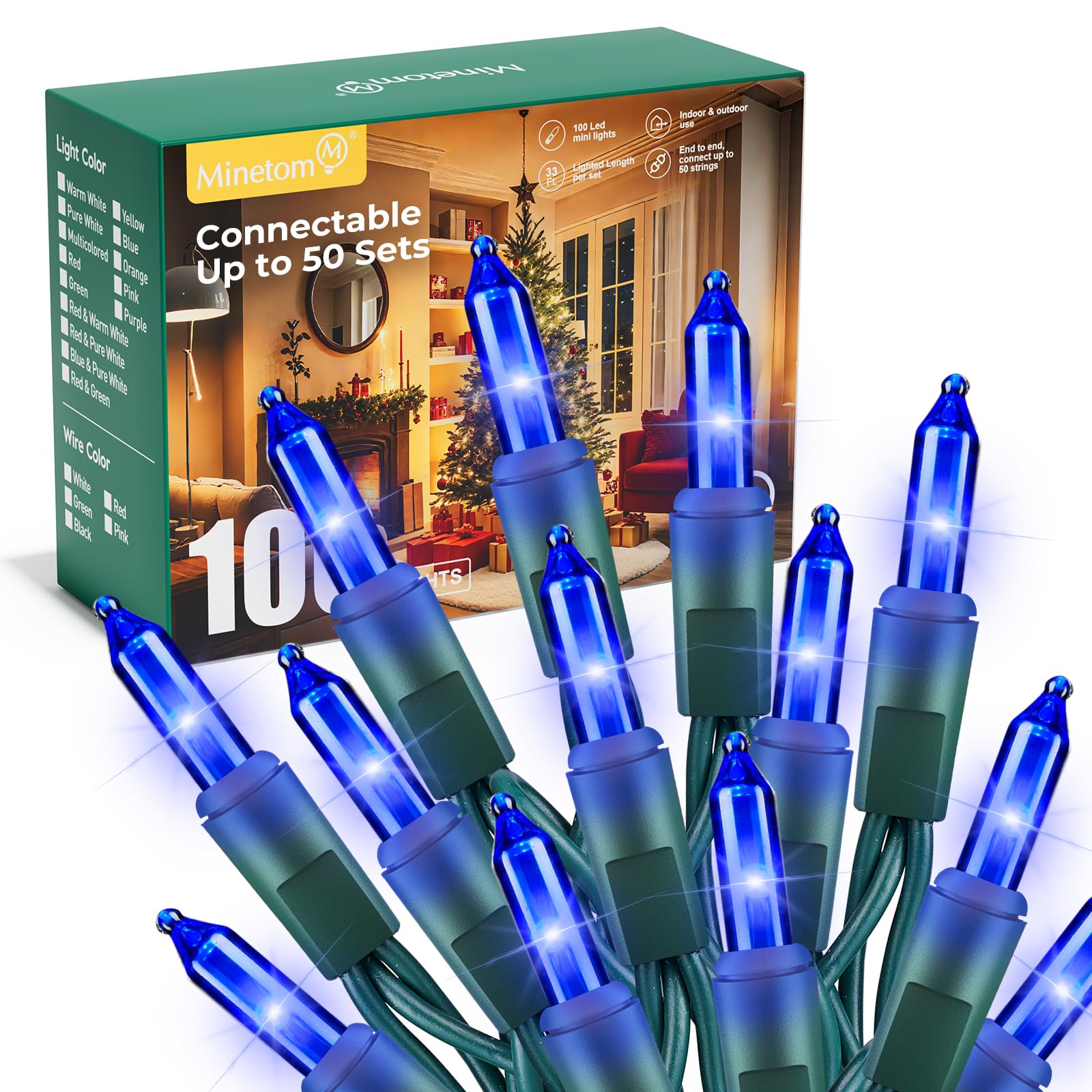 Minetom LED Christmas String Lights, 100 Count, 33 Feet, Blue-Green Wire, Indoor/Outdoor Decorations for Tree, Wedding, Party