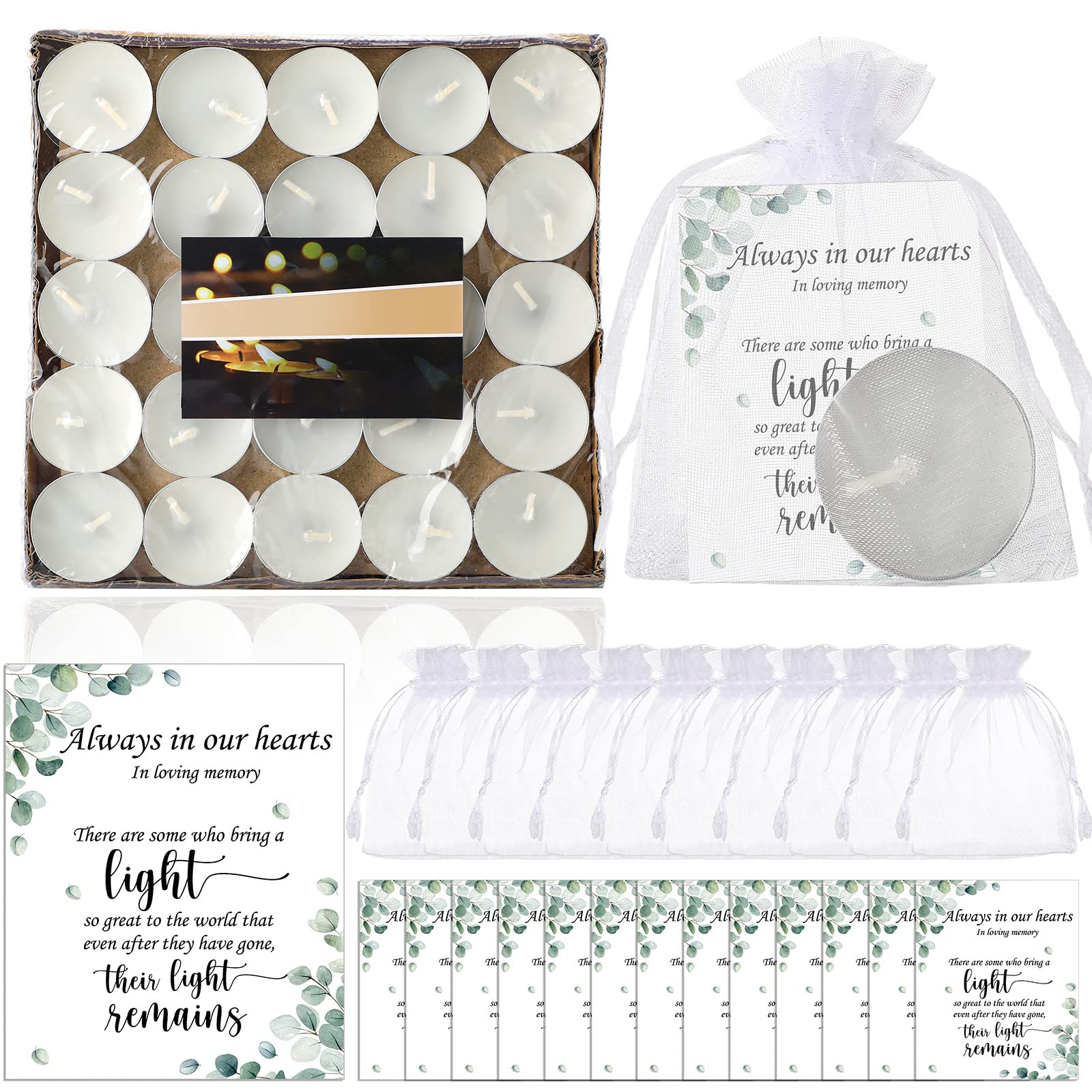 50 Set Funeral Party Favors Memorial White Candles Unscented Funeral Gifts Tealight Candles With Condolence Bereavement Cards And Organza Bags For Guest Celebration Of Life Decorations (Stylish)