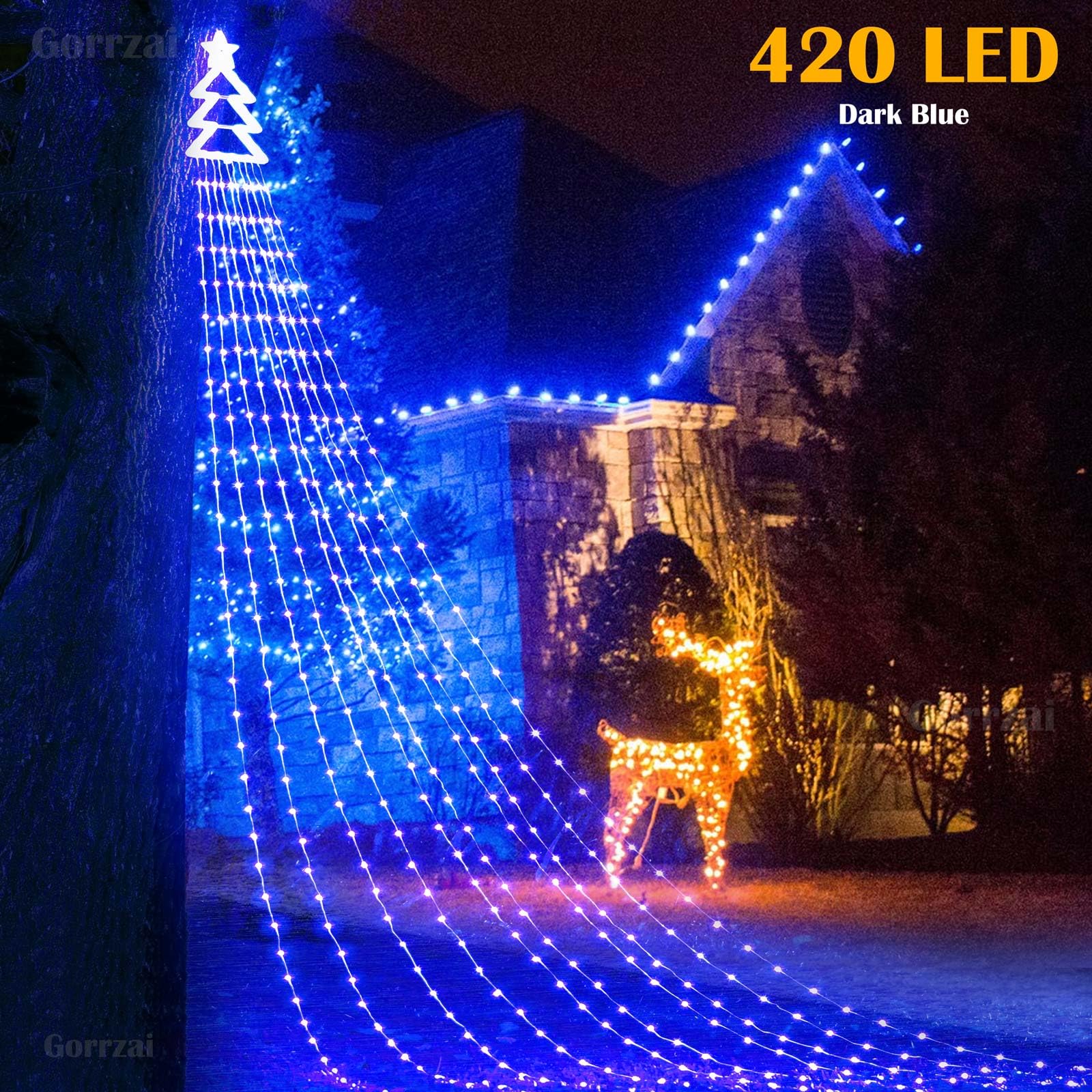 Gorrzai Outdoor Christmas Decorations Star String Lights 420 Led Waterproof Waterfall Lights With Christmas Tree Topper, 8 Light