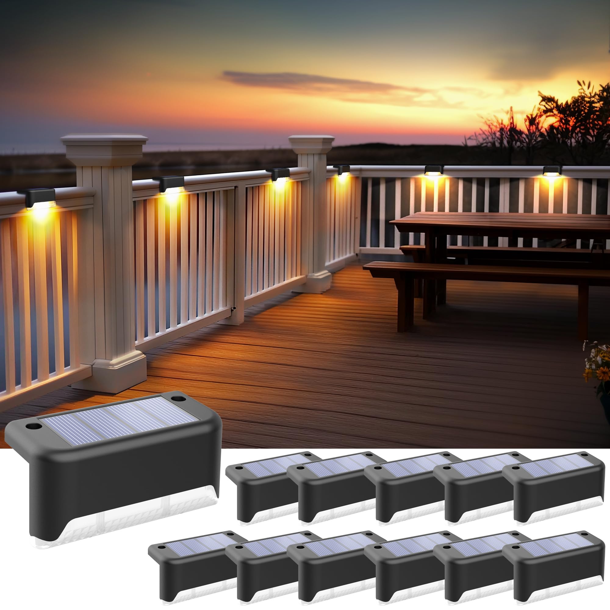 SOLPEX Solar Fence Lights - Waterproof LED Deck Lights, 12 Pack, Warm White, Black, Model 9783
