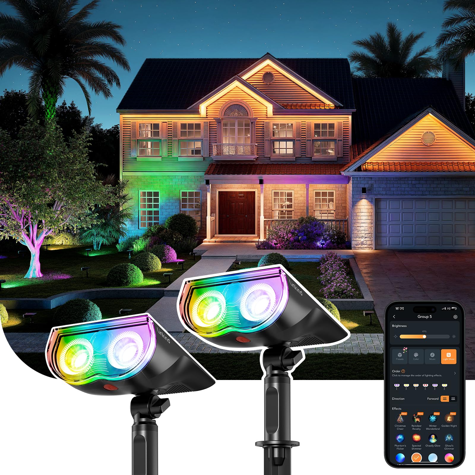 Linkind Smart Solar Spotlight SL5C, Color Changing Landscape Lighting, APP/Voice Control Solar Lights Outdoor, IP67 Waterproof S