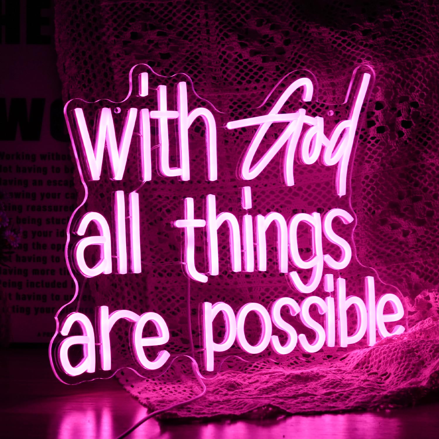 GNVETZLL Neon Sign - With God All Things Are Possible, Pink Acrylic LED Light, Dimmable, 16.9 x 13 Inch for Wall Decor