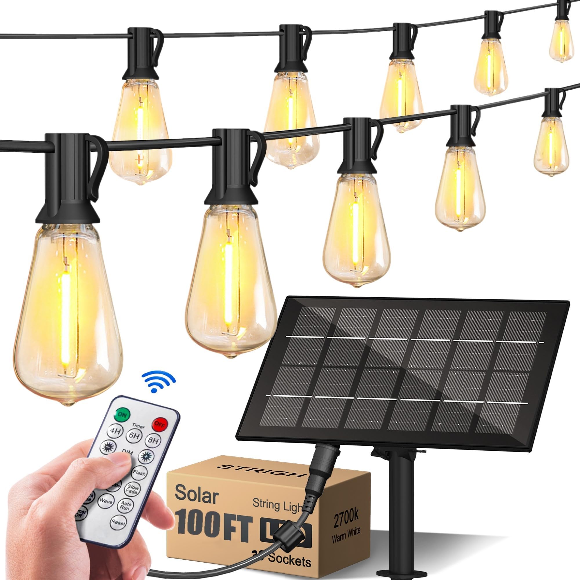 Stright Solar Powered String Light 100FT with Remote Control 8 Light Modes, Weatherproof Shatterproof ST38 LED Bulb 30 Sockets for Backyard Porch Cafe, Large Solar Panel