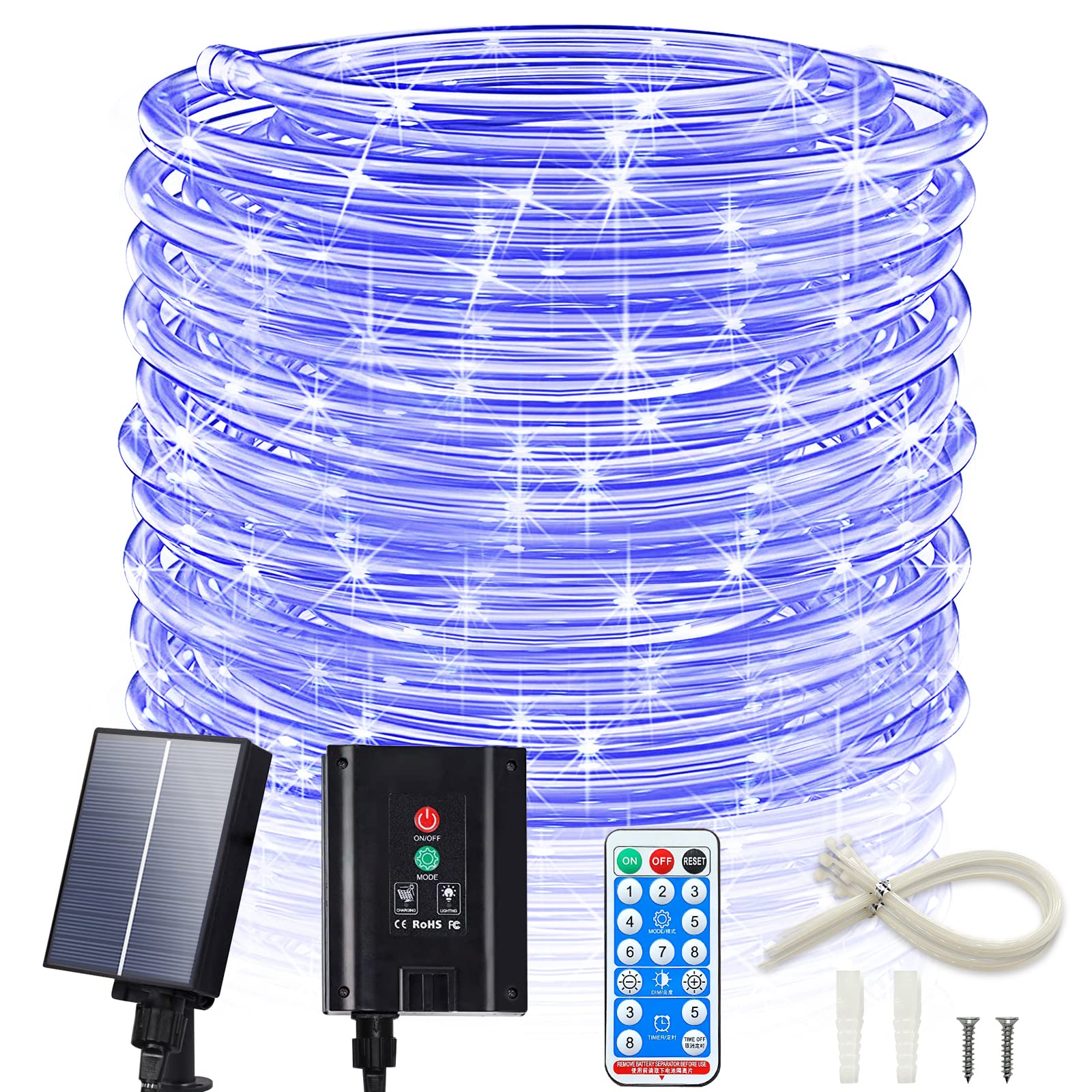 Icrgb Solar Rope Lights, 66Ft 200 Led Outdoor String Lights, Blue Fairy Lights With Remote, 8 Modes, Timing Function, Ip67 Water