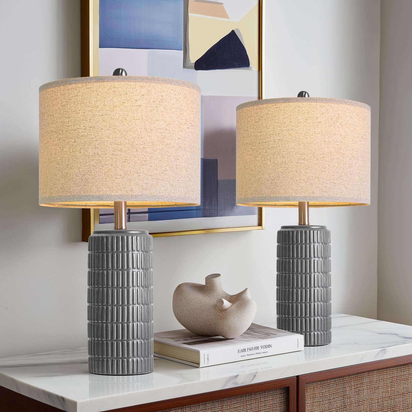 PoKat 23 Ceramic Dark Gray Table Lamps Set of 2 for Living Room  Modern Bedside Lamps for Bedroom  Farmhouse Nightstand Lamp for Home Office Guest Room Sideboard Entryway Decor Gifts