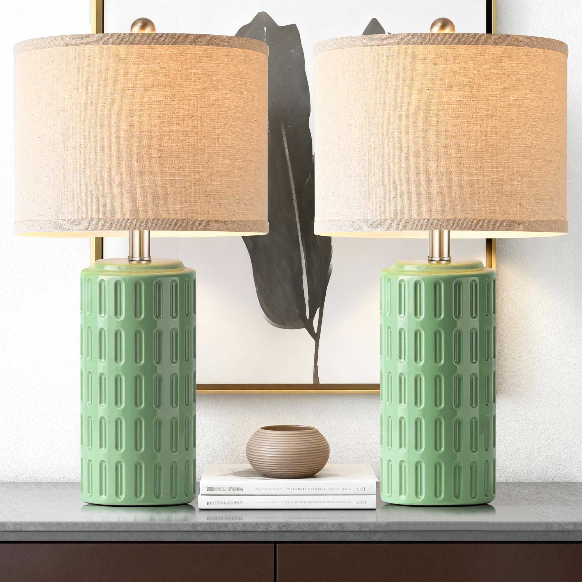 PARTPHONER 23 Farmhouse Modern Ceramic Table Lamp Set of 2 - Sage Green Bedside Lamps for Bedroom & Living Room  Nightstand  Desk  End Table
