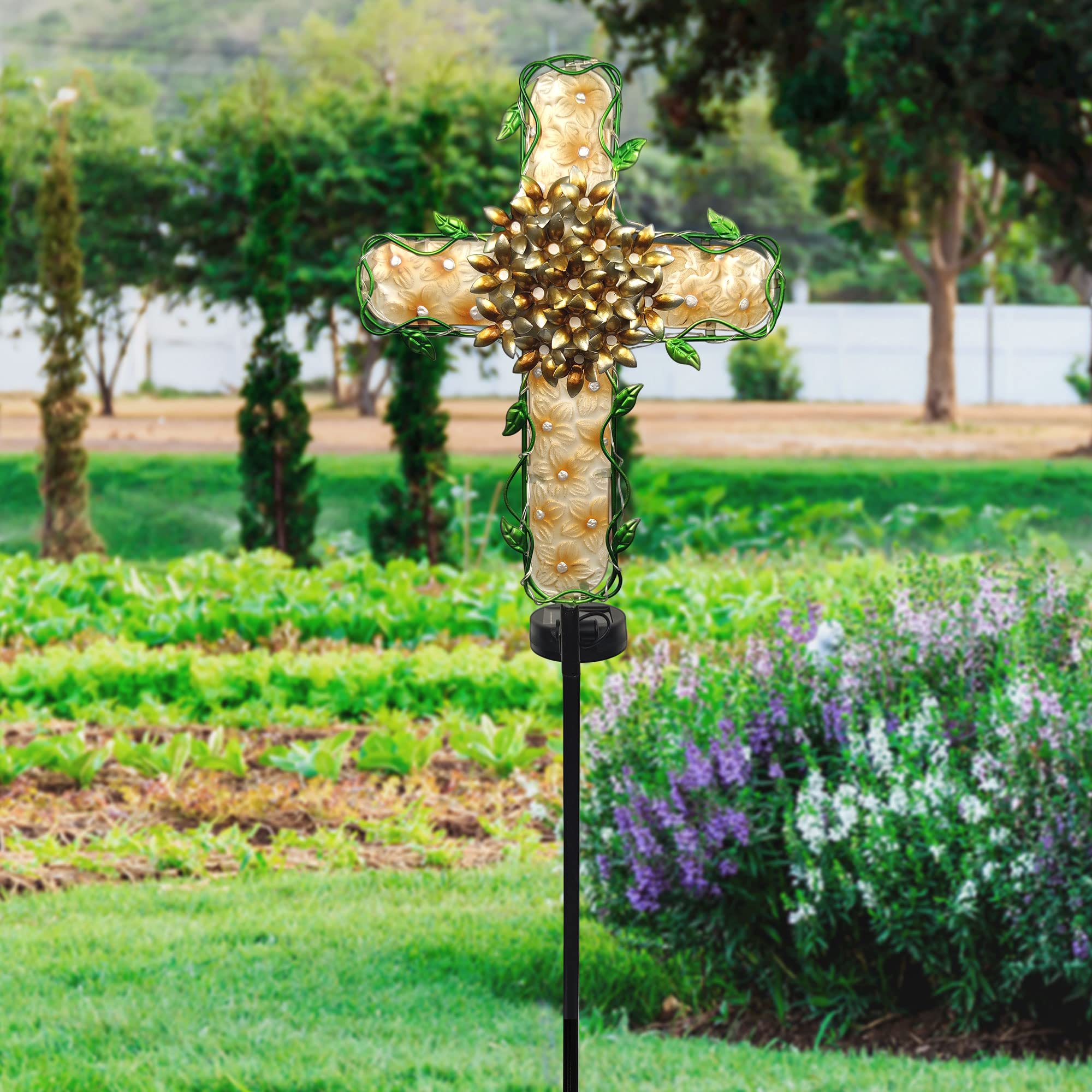 COOZZYHOUR Solar Cross Garden Lights - 38in Waterproof Metal & Glass, 20 White LEDs, Apricot Color, Model CZ-0029