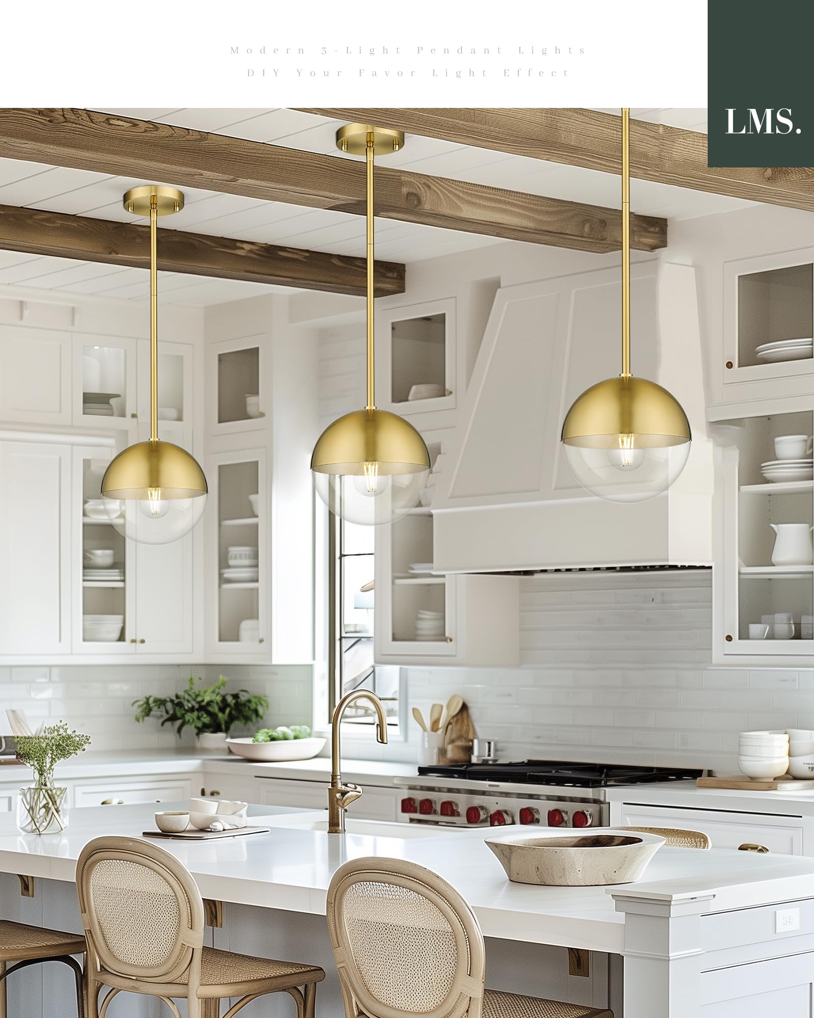 Lms Mid Century Pendant Light Fixtures, Brushed Gold Farmhouse Pendant Light With Clear Globe Glass Shade, Adjustable Hanging Ro