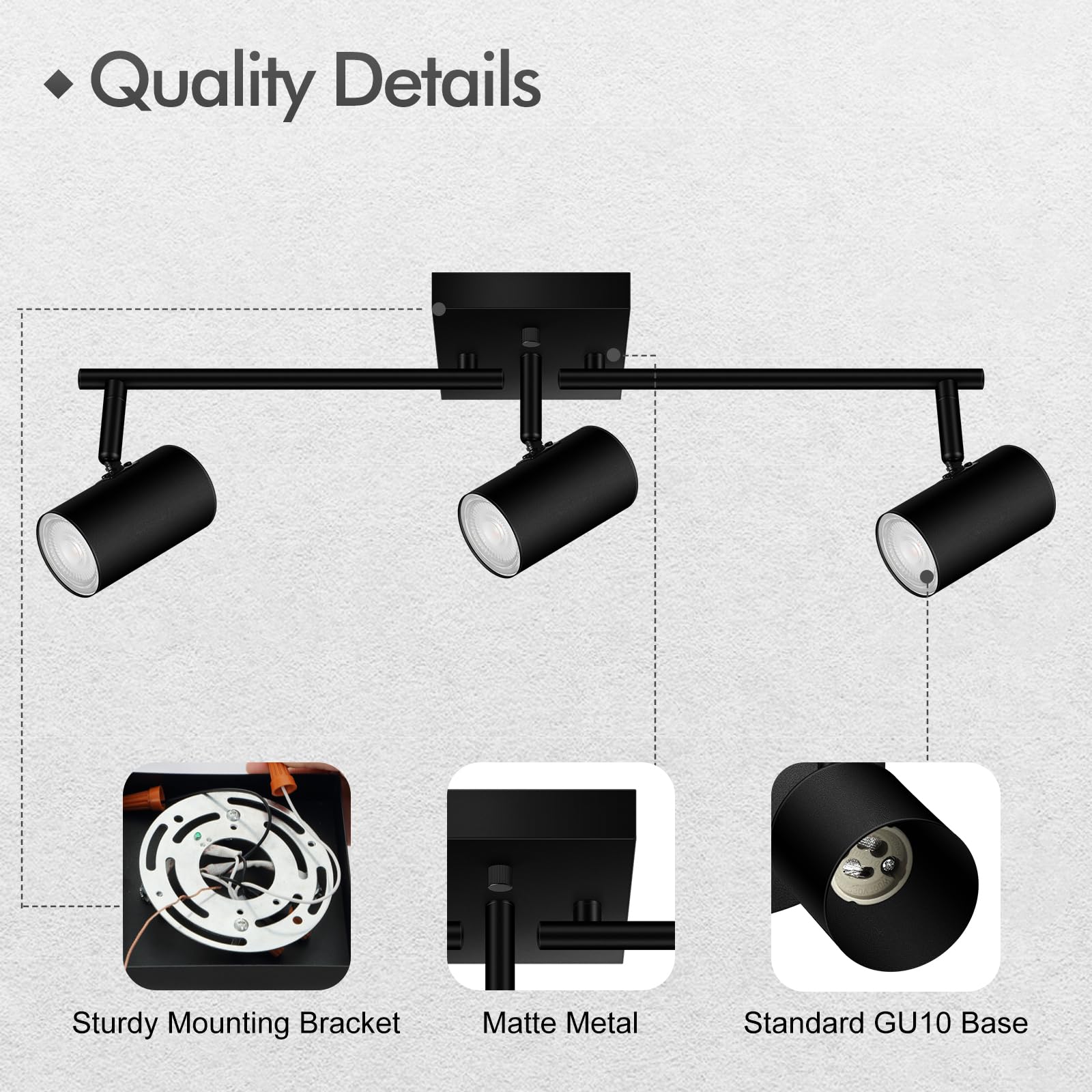 Auquee 3 Light Track Lighting Fixtures Ceiling, Black Led Track Lighting Kit, Modern Kitchen Track Lights With Rotatable Light H