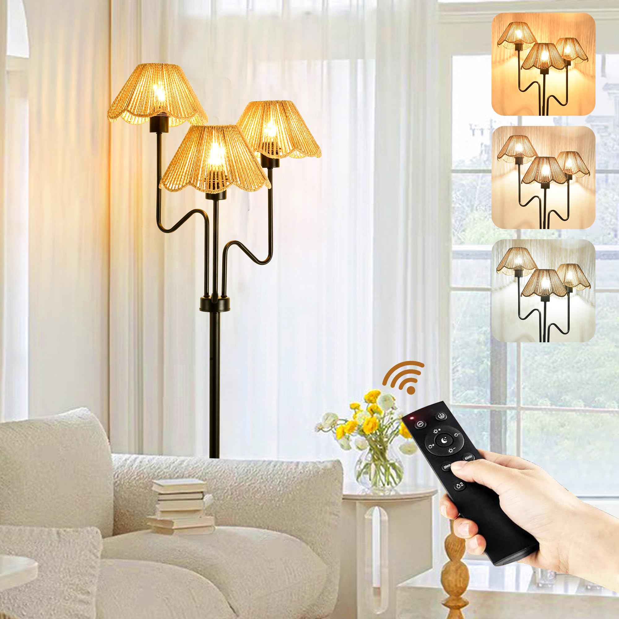 Zecoxol Rattan Floor Lamp For Living Room Bedroom,3-Light Floor Lamp With Remote Control,Boho Flower Lamp Black Tree Standing La