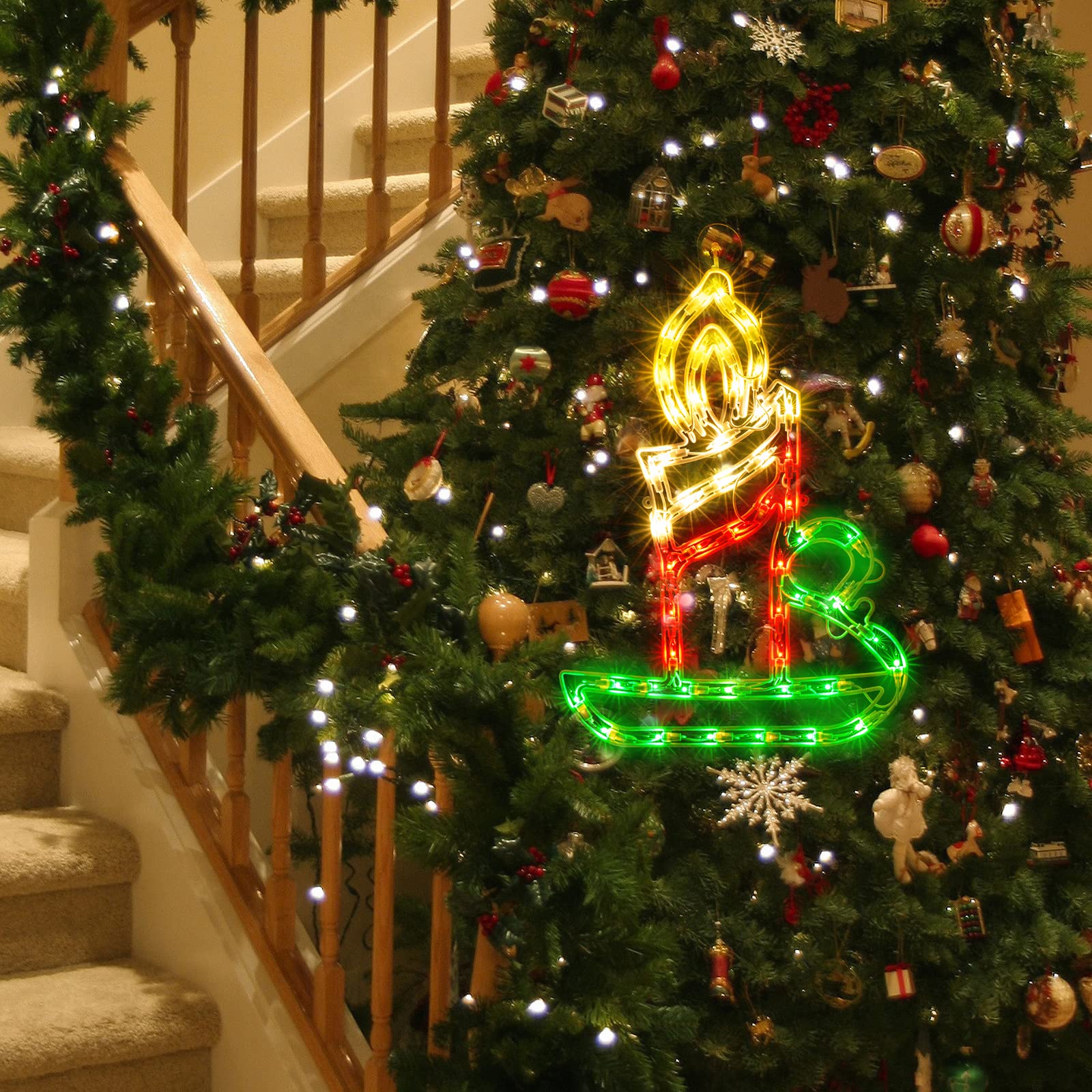 Justpro Christmas Window Silhouette Lights, Lighted Candle Double Sided Decorations With 50 Count Incandescent Mini Light, For Holiday Indoor Wall Door Glass Decor