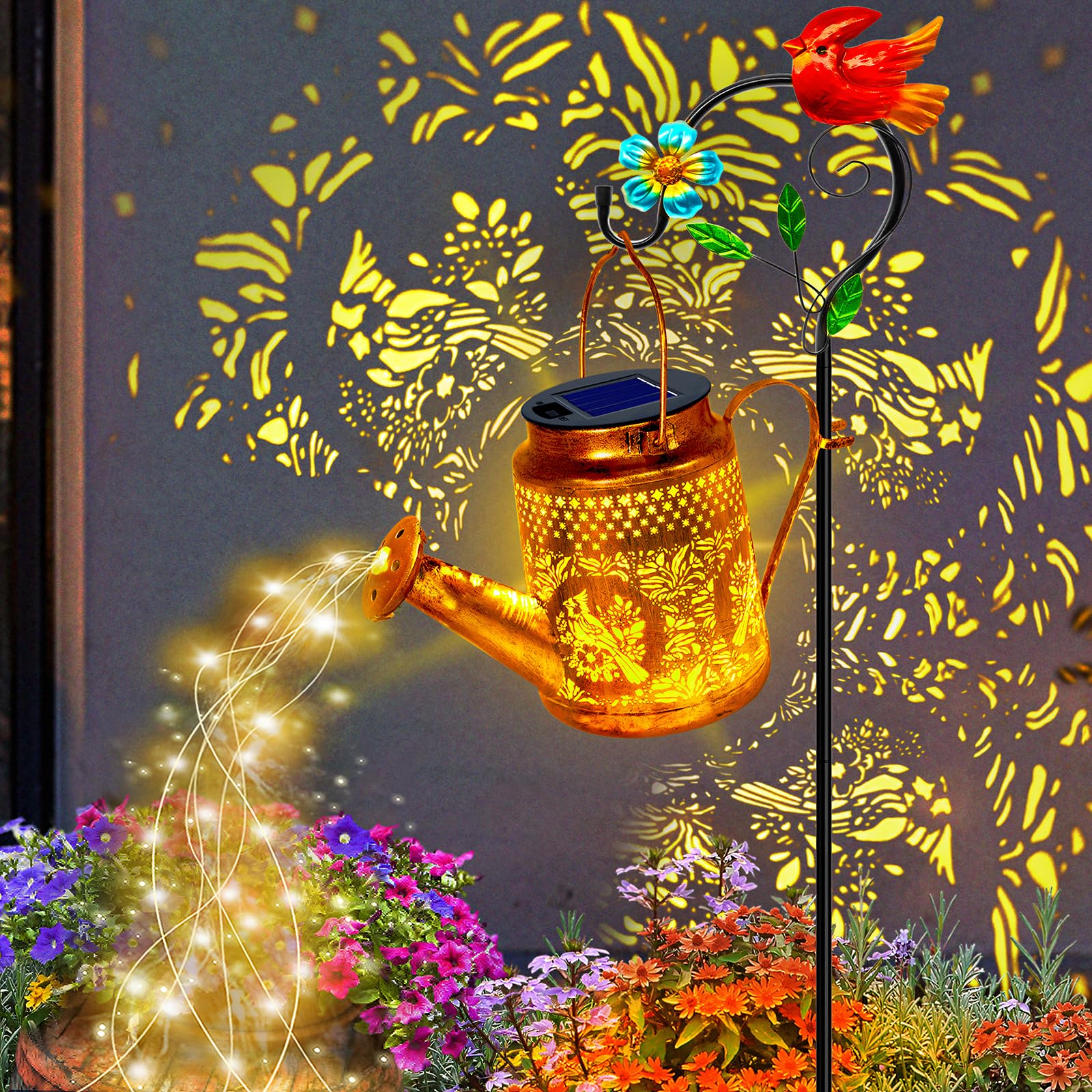 Solar Lights Outdoor Garden Decor, Cardinals Hanging Waterproof Watering Can Lights Outside Decorations for Yard Front Porch Pat