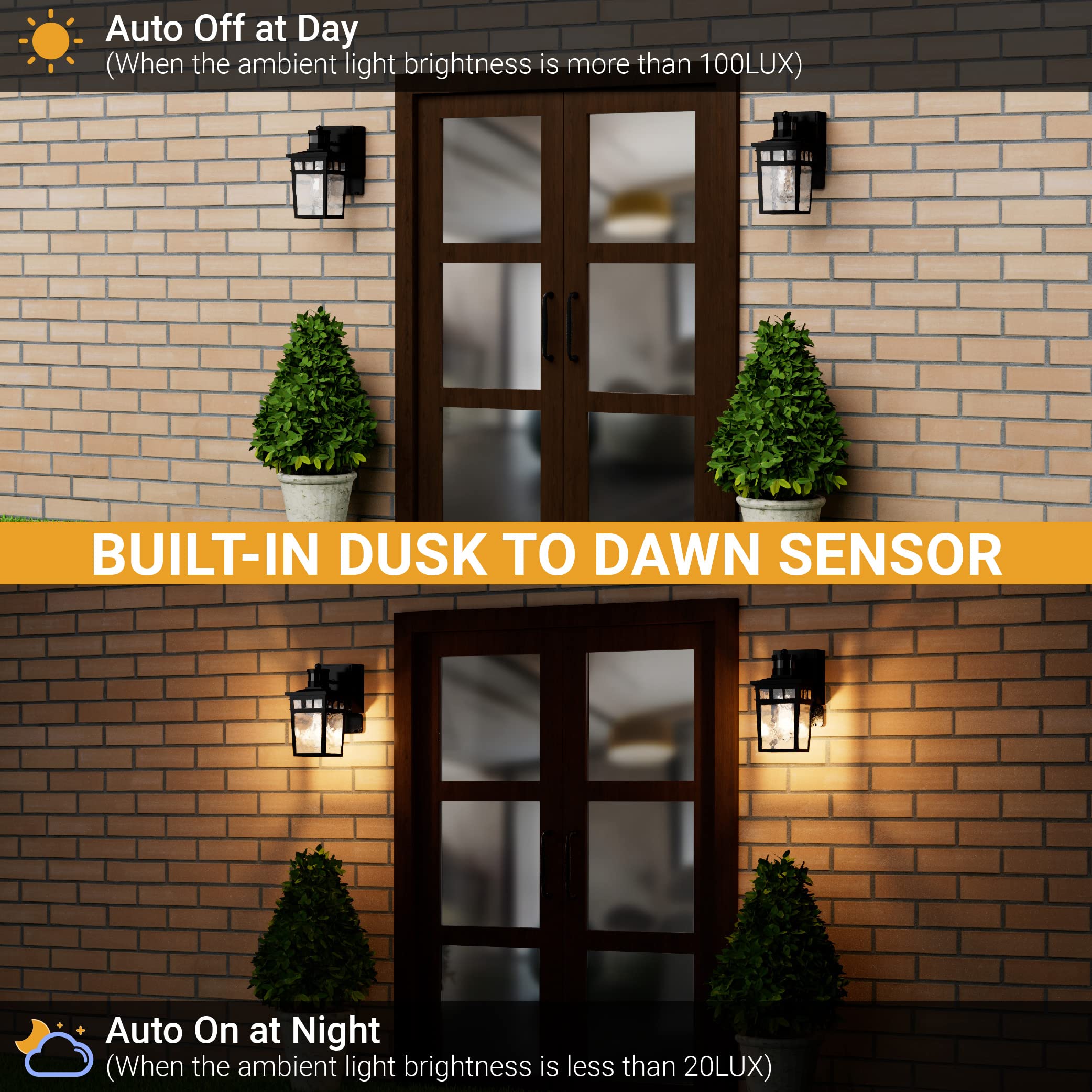 VIOAOEAFA Outdoor Porch Light with GFCI Outlet, Dusk to Dawn Motion Sensor, Aluminum, Black, 1 Pack, Model D2206-B03