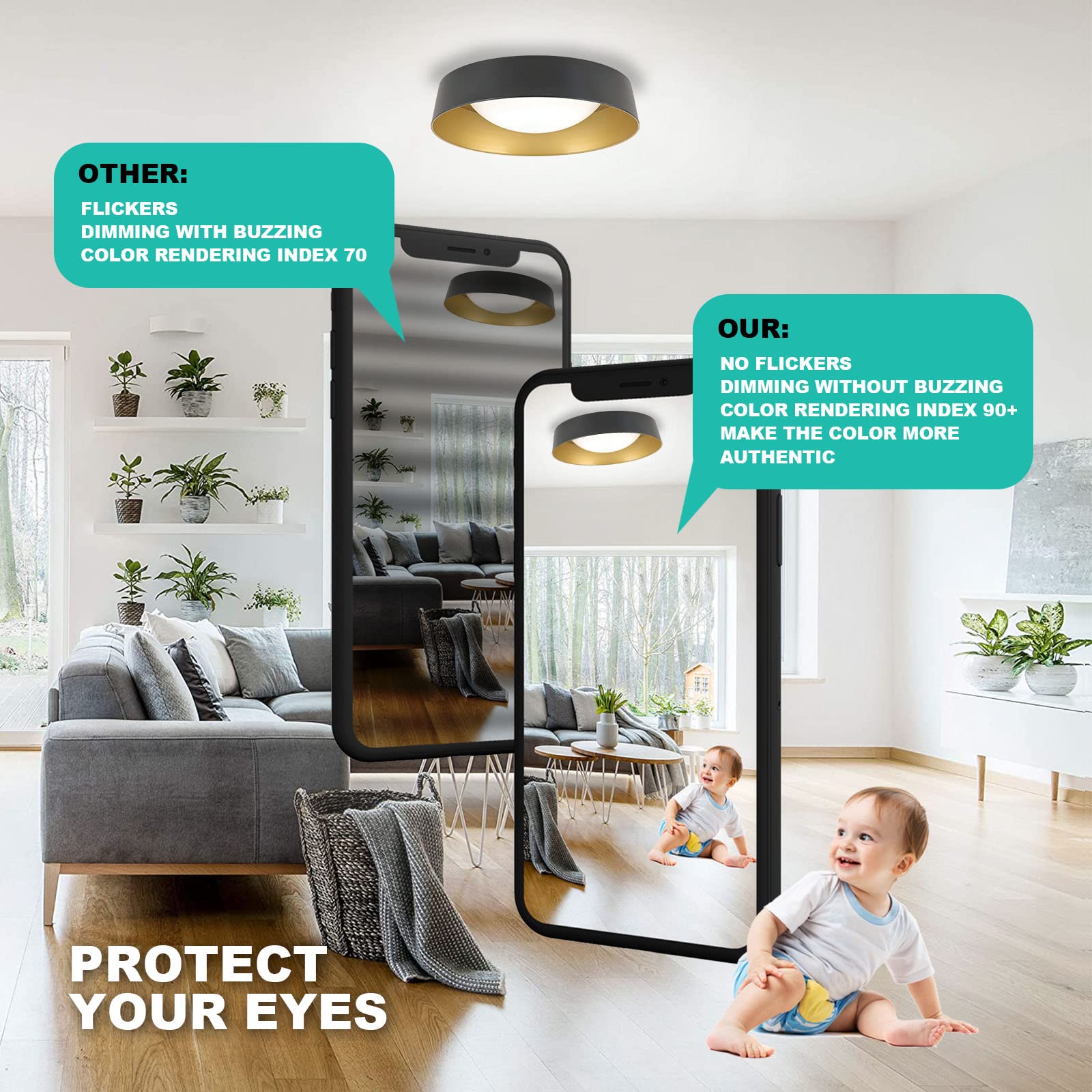 Flynix 15.5 Inch Led Flush Mount Ceiling Light Fixture, 26W, Super Bright 1800 Lumen, 3 Color 3000K/4000K/5000K, Matt Black With