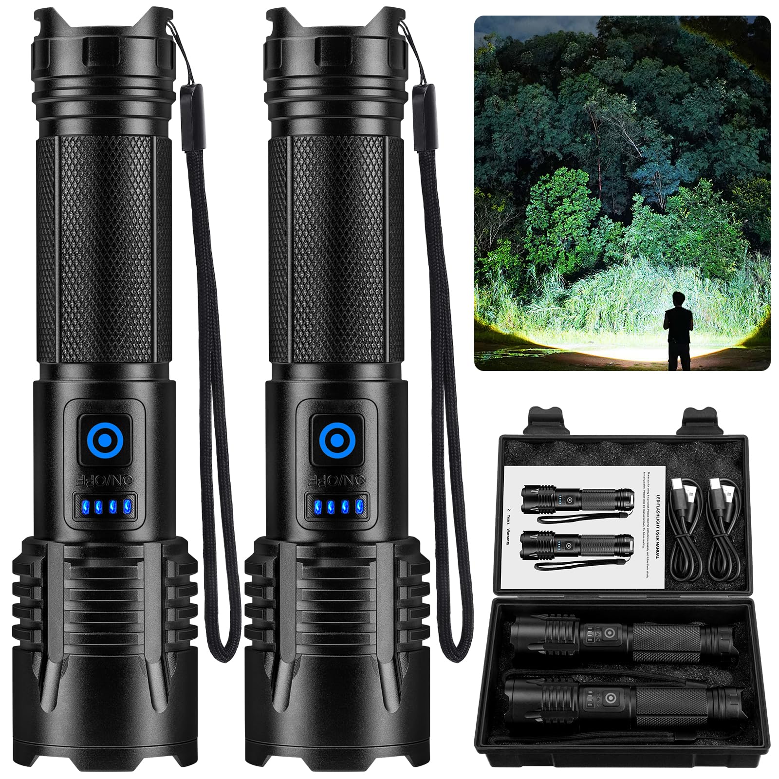 NiaoChao LED Rechargeable Flashlight, 99,000 High Lumens, 5 Modes, Waterproof, Aluminum, Black, Model P115