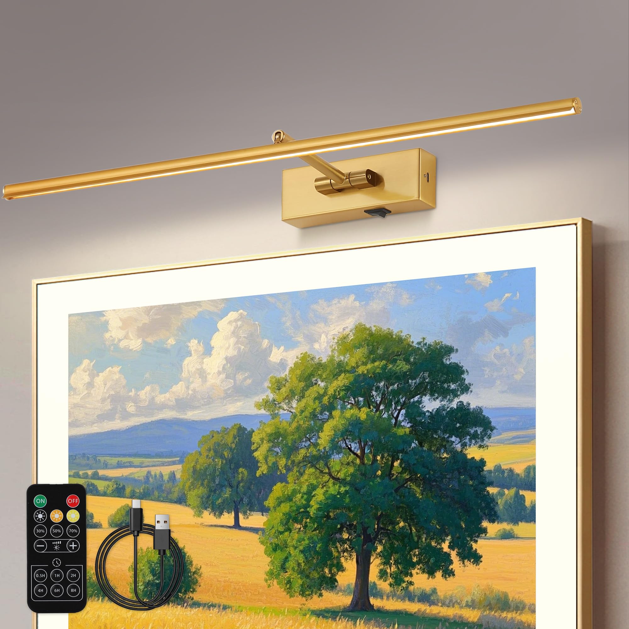 Battery Operated Picture Light with Wireless Remote 3CCT Dimmable Gold Wall Art Lights for Paintings 3 Color Rechargeable cordle