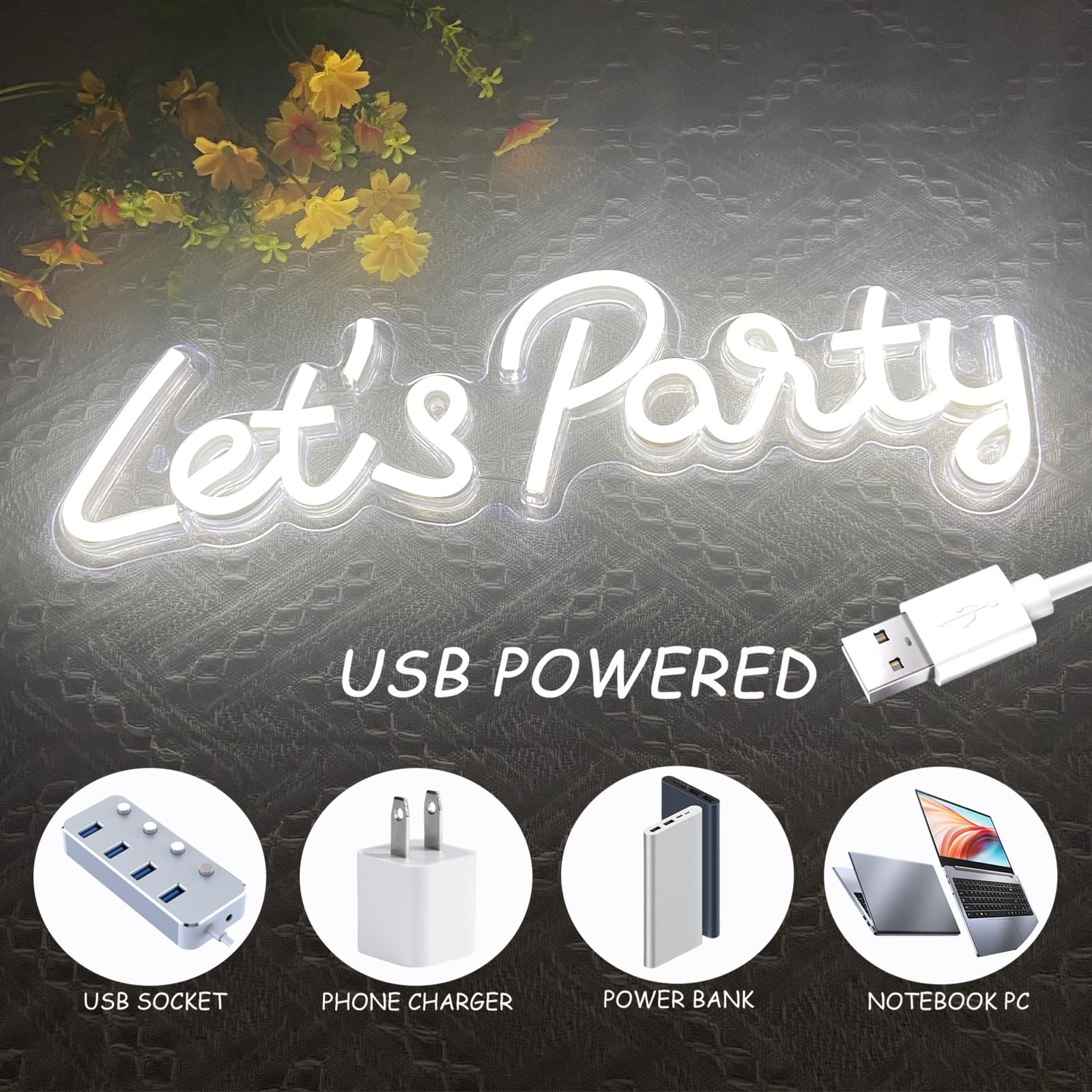 Bernicekelly Let'S Party Neon Sign - Led Wall Decor For Bachelorette, Birthday & Gamer Rooms, White