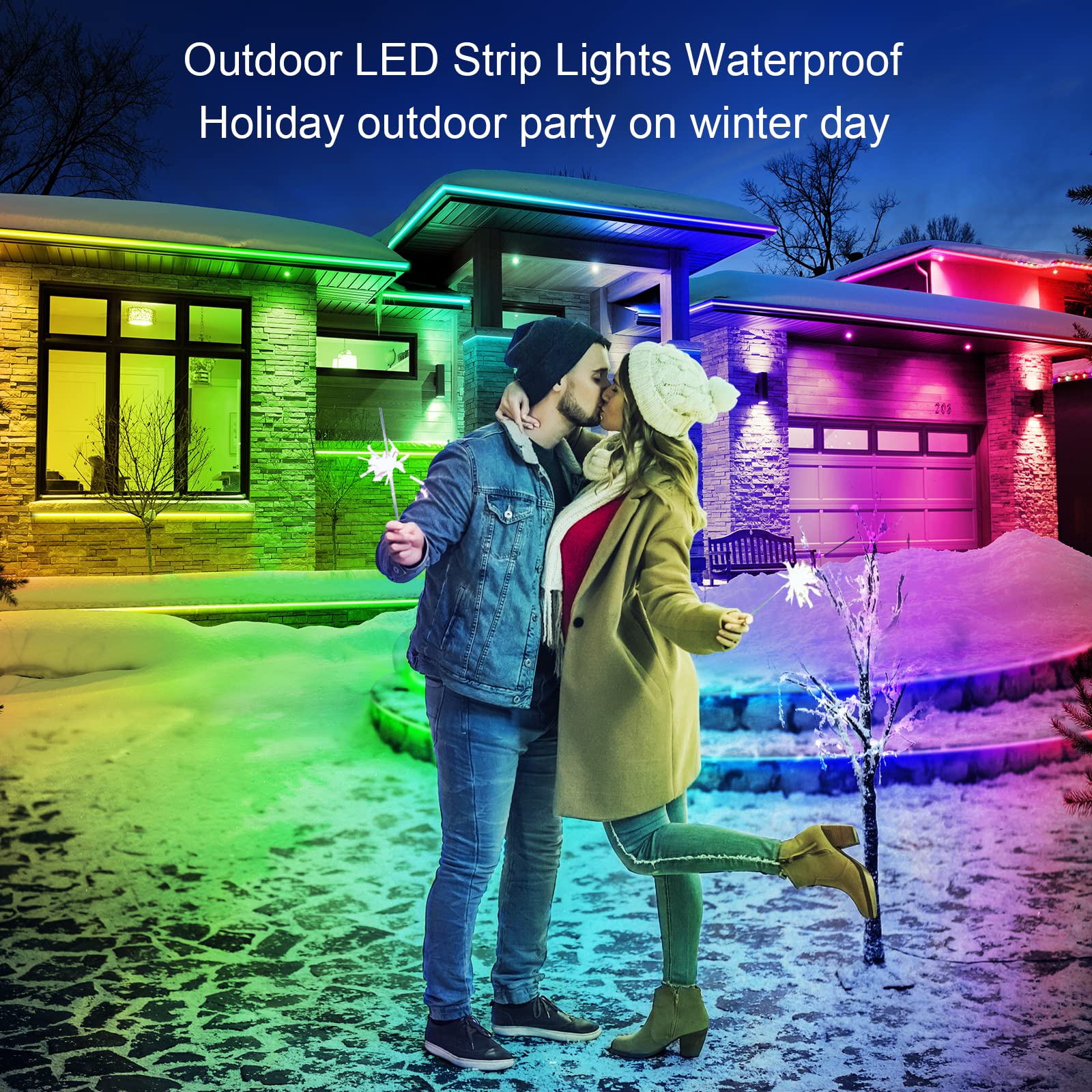 AILBTON 100ft Outdoor LED Strip Lights, Waterproof IP65, Bluetooth App Control, Multicolor Music Sync, Ideal for Balcony, Garden, Pool
