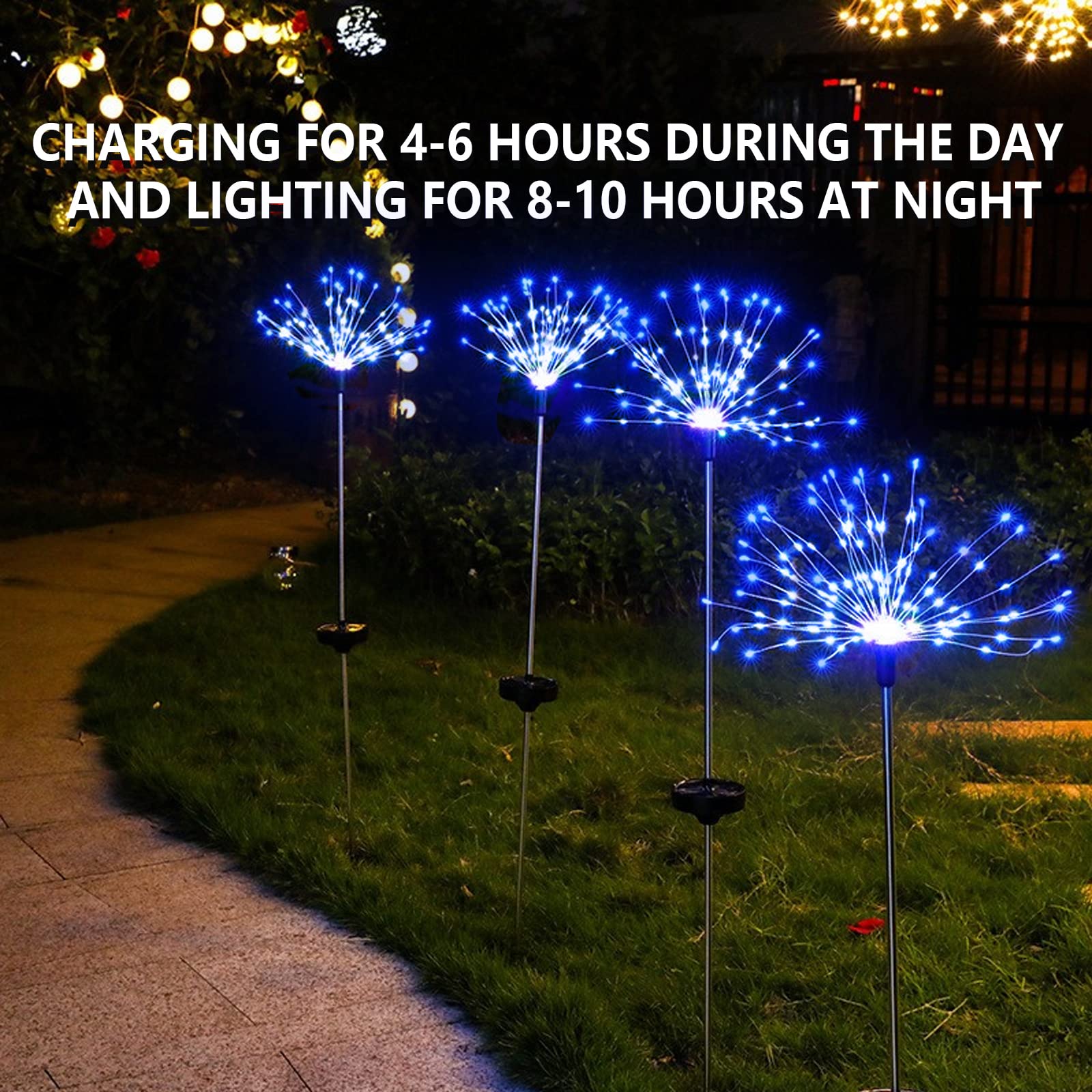 YOTOZU Solar Firework Light, 120 LED Copper Wire String, 2 Pack, Blue, Outdoor Garden Decorative Lights for Pathway and Parties