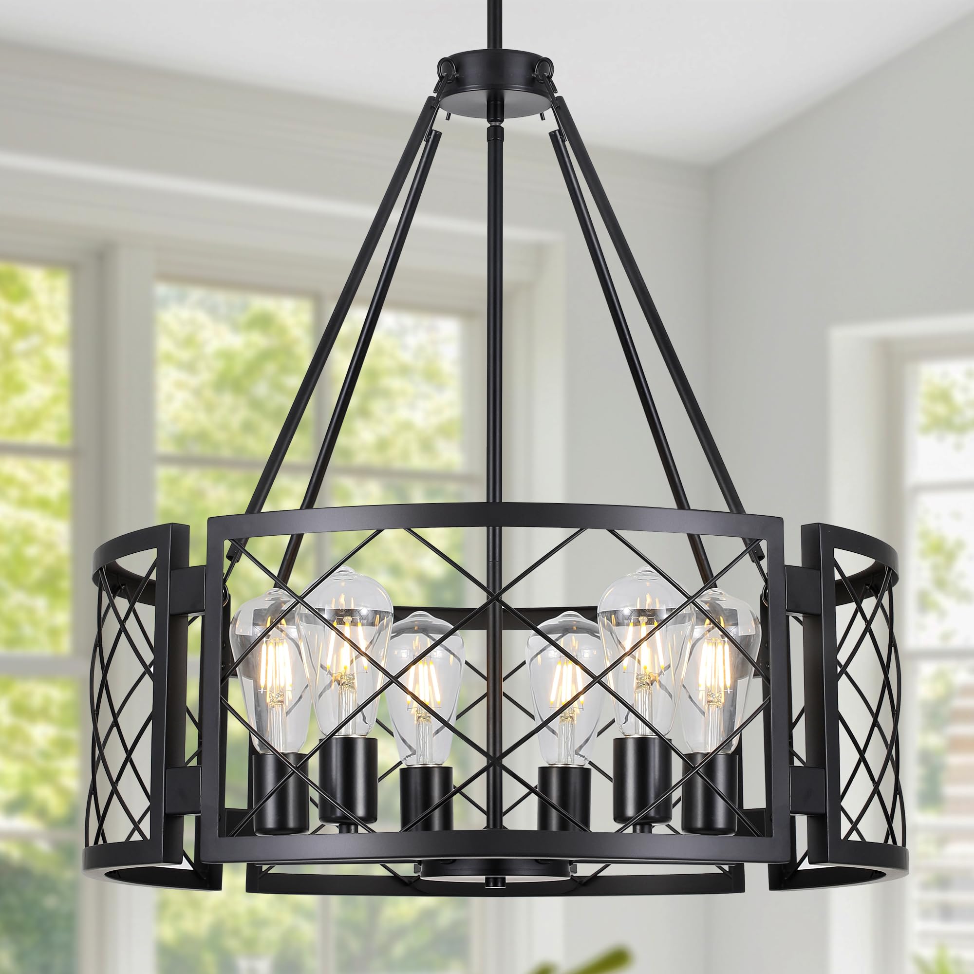 Sigaitwei 6-Light Farmhouse Chandelier Rustic Black Chandelier for Dining Room,Adjustable Pendant Light,Drum Chandelier for Kitc