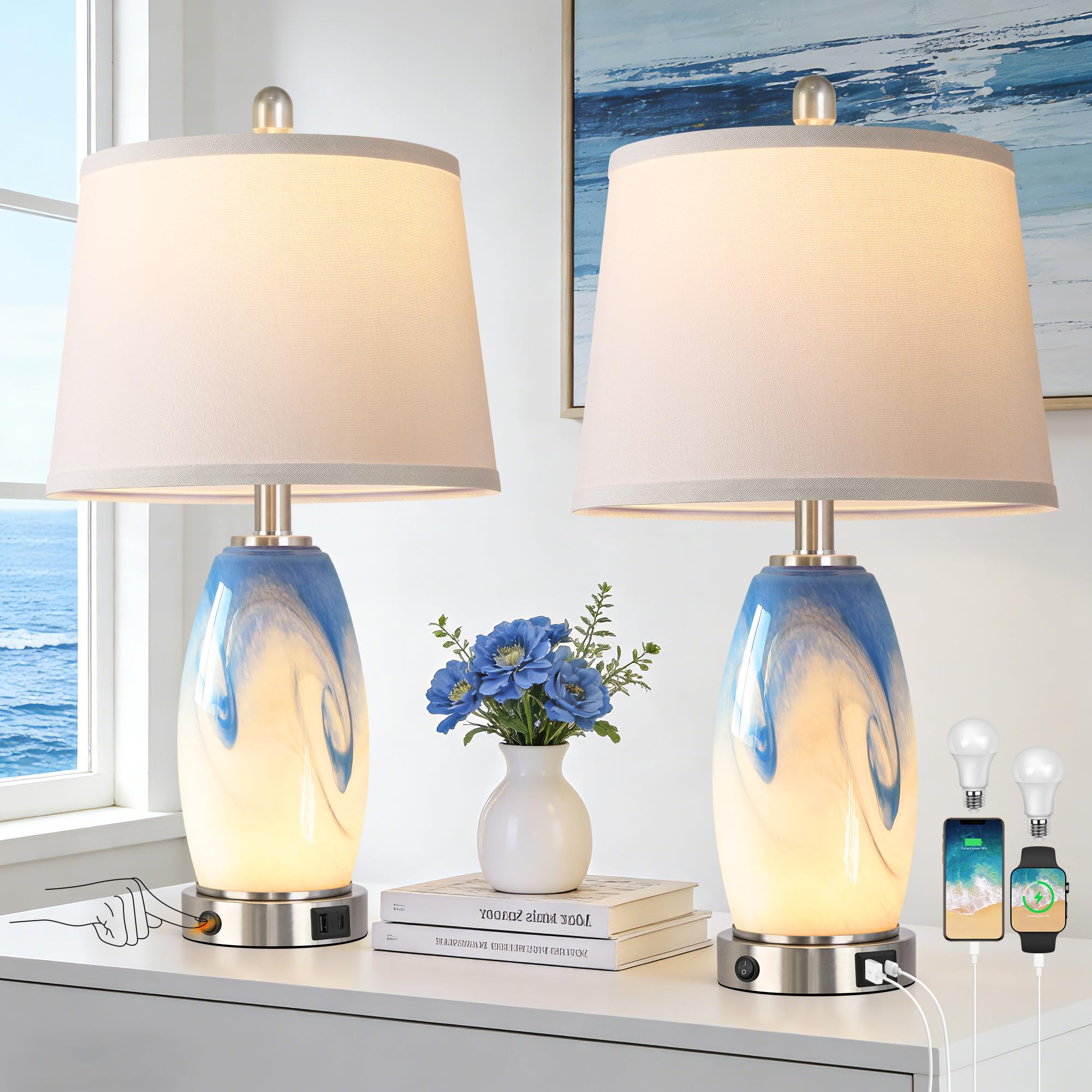 Coastal Glass Table Lamp Set of 2 with 7 Lighting Modes  3-Color Temperature Modern Nightstand Lamp with USB A+C Port  Blue-White Nautical Bedside Lamp for Living Room Bedroom(LED Bulbs Included)