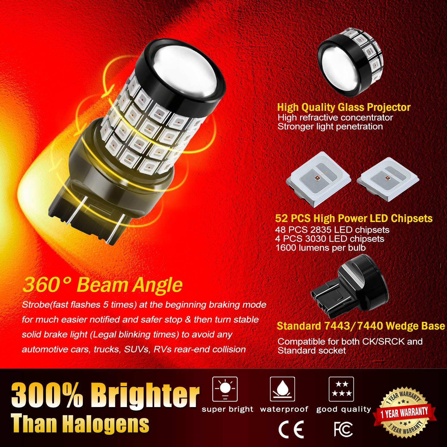 BRISHINE LED Brake Light Bulbs, 7443/7440/7444, Super Bright 52-SMD, Brilliant Pure Red, Model SHINE-FLA7443R-2P
