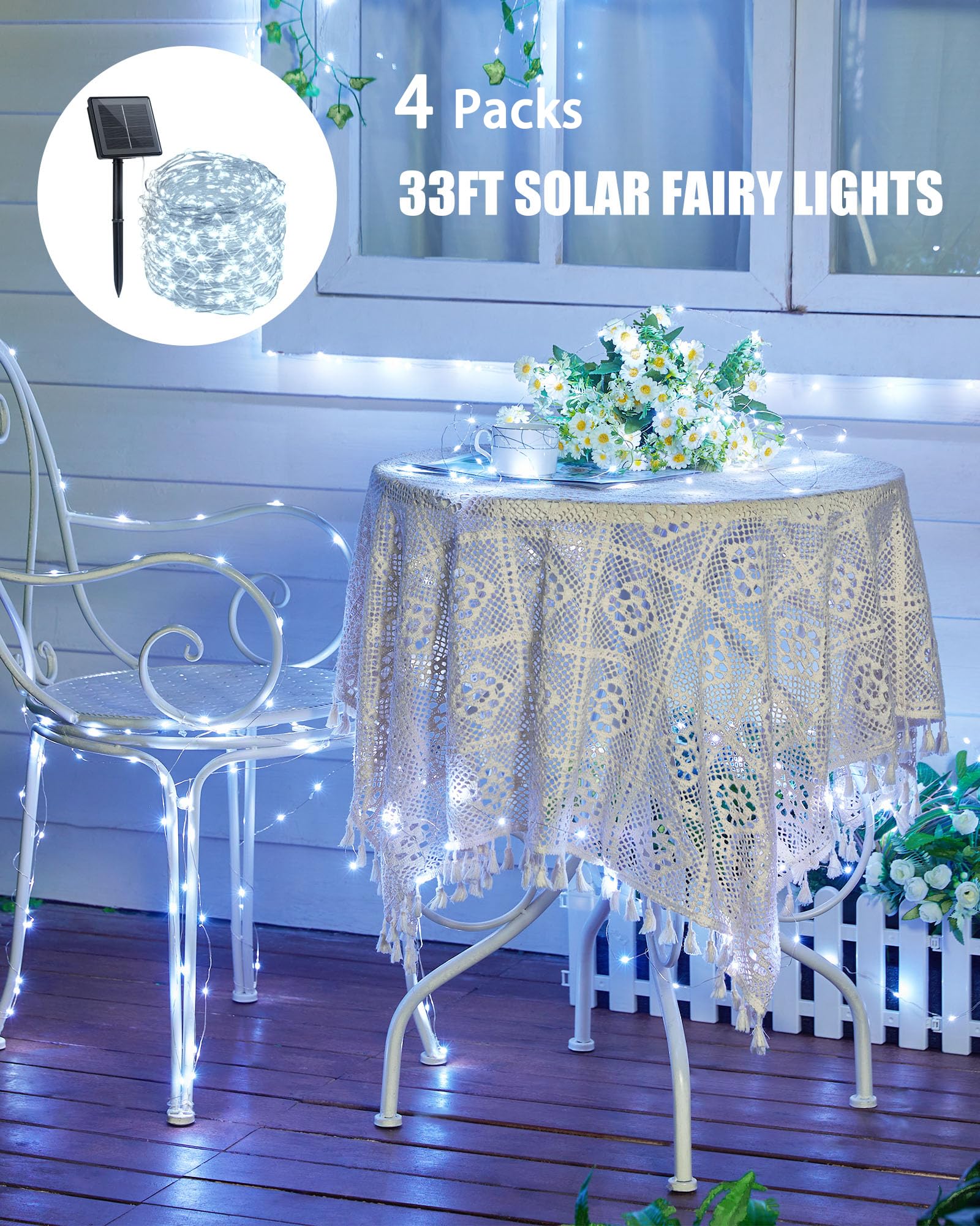 Minetom Solar String Lights, 4 Packs Total 132Ft 400 Led Solar Fairy Lights, Waterproof Solar Lights For Outside Patio Yard Tree Wedding Christmas, Pure White