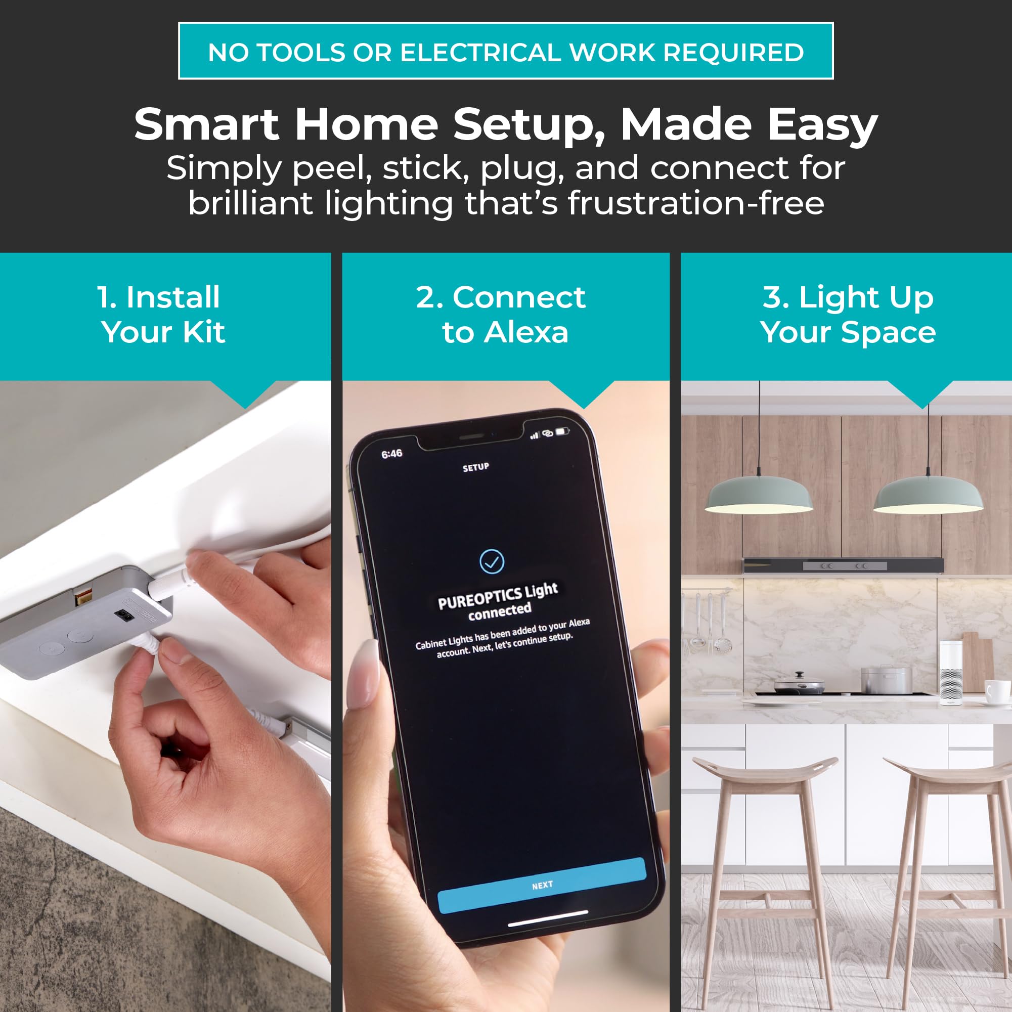 PureOptics LED Works with Alexa Smart LED Under Cabinet Lighting Kit, Motion Sensor, Dimmable , 3 Color Settings, For Kitchen, C