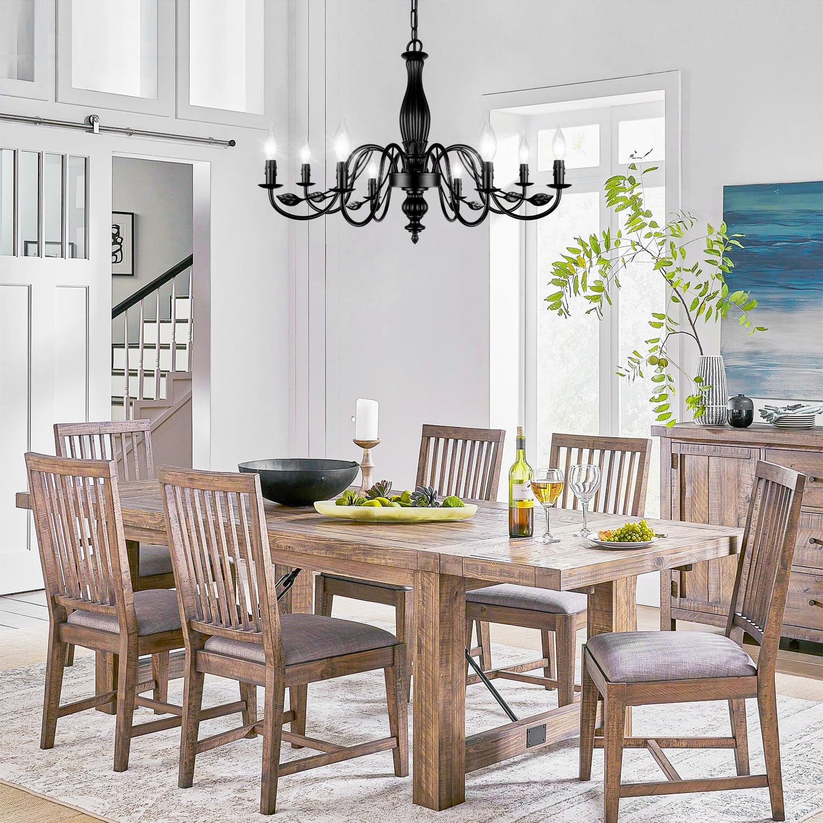 VerRon 29" Large Black Chandelier, 8-Light Metal Fixture, Modern Farmhouse Design for Dining Room, Kitchen, Bedroom, Living Room